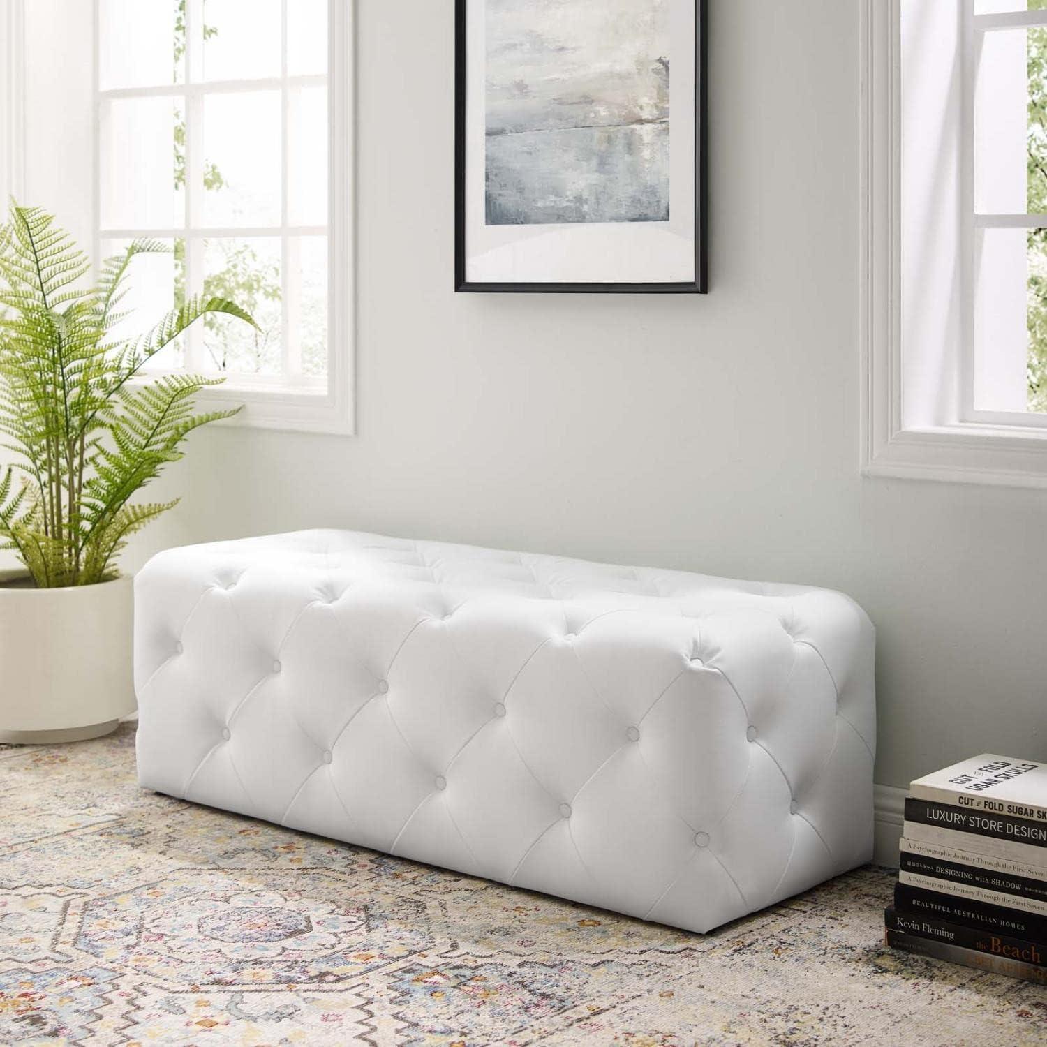 48" Luxe White Faux Leather Tufted Entryway Bench