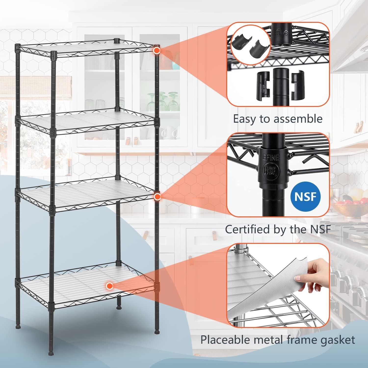 YRLLENSDAN 4 Tier Metal Shelving Units with 4 PP Sheets, 600 lbs Capacity Storage Shelves for Kitchen Heavy Duty Wire Shelving Rack for Pantry Closet Laundry