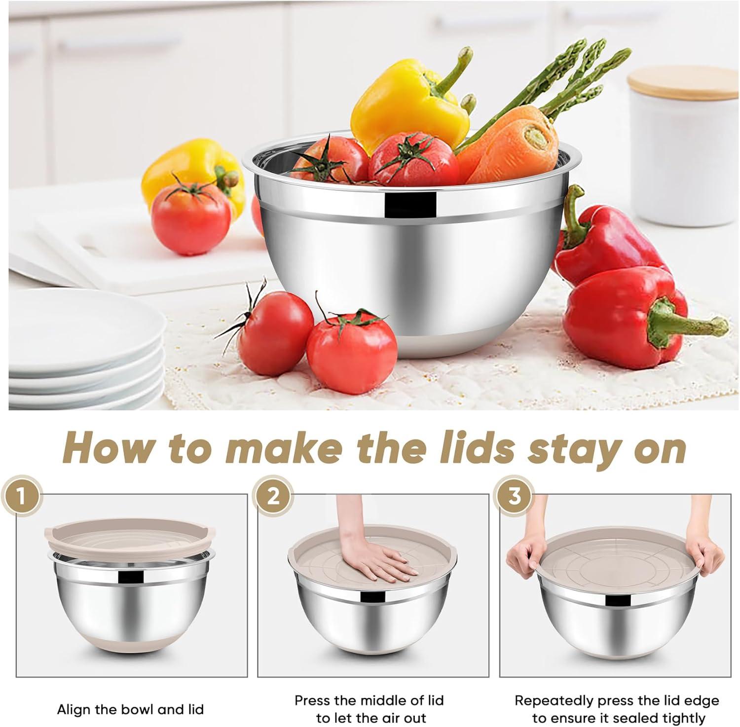 Toledo Bath & Kitchen Stainless Steel Mixing Bowls With Lids, 5-Pack Metal Nesting Bowls With Airtight Covers For Cooking, Baking, Serving, Storage, Non-Toxic & Dishwasher Safe, Size 4.6/3/1.5/1/0.7QT - Khaki