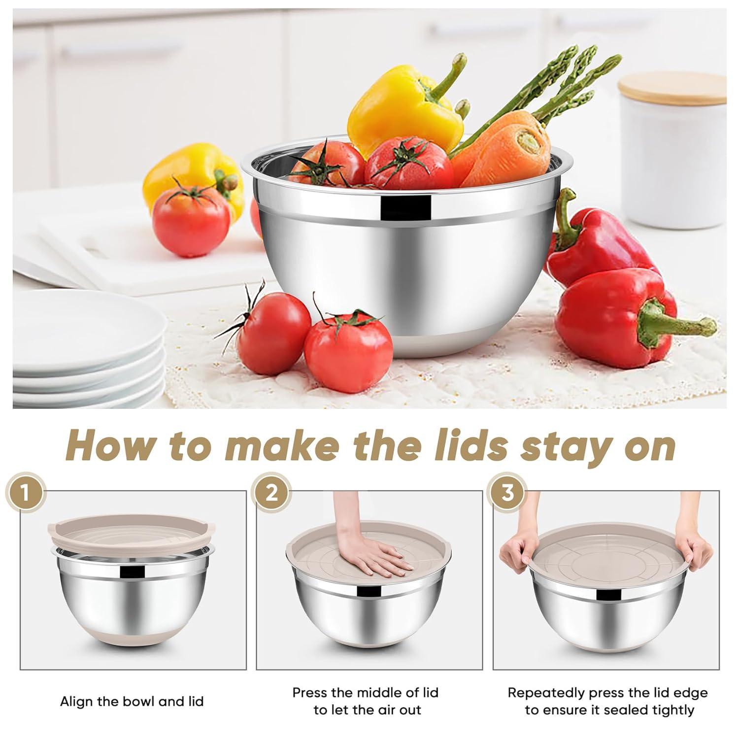 Toledo Bath & Kitchen Stainless Steel Mixing Bowls With Lids, 5-Pack Metal Nesting Bowls With Airtight Covers For Cooking, Baking, Serving, Storage, Non-Toxic & Dishwasher Safe, Size 4.6/3/1.5/1/0.7QT - Khaki