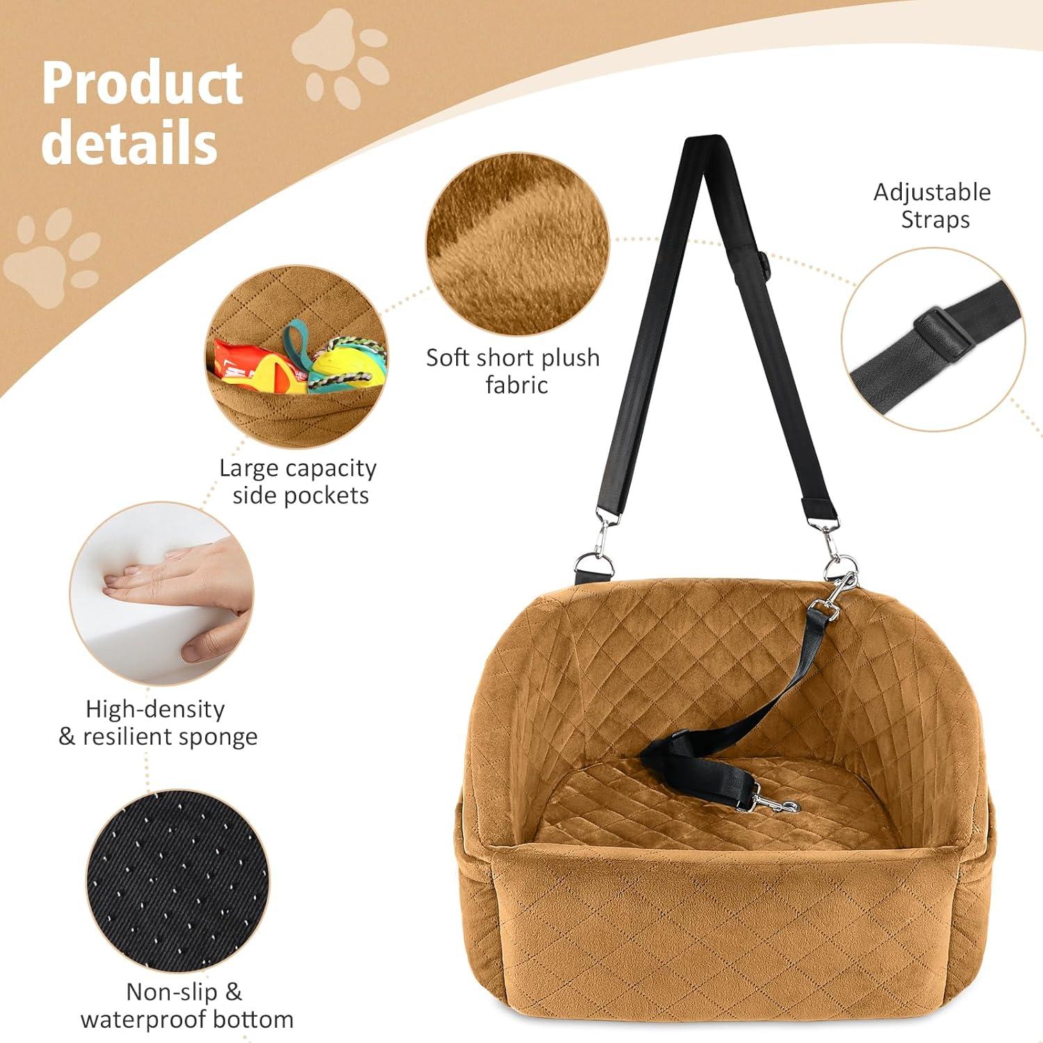 Brown Plush Dog Car Seat with Safety Belt and Storage Pockets