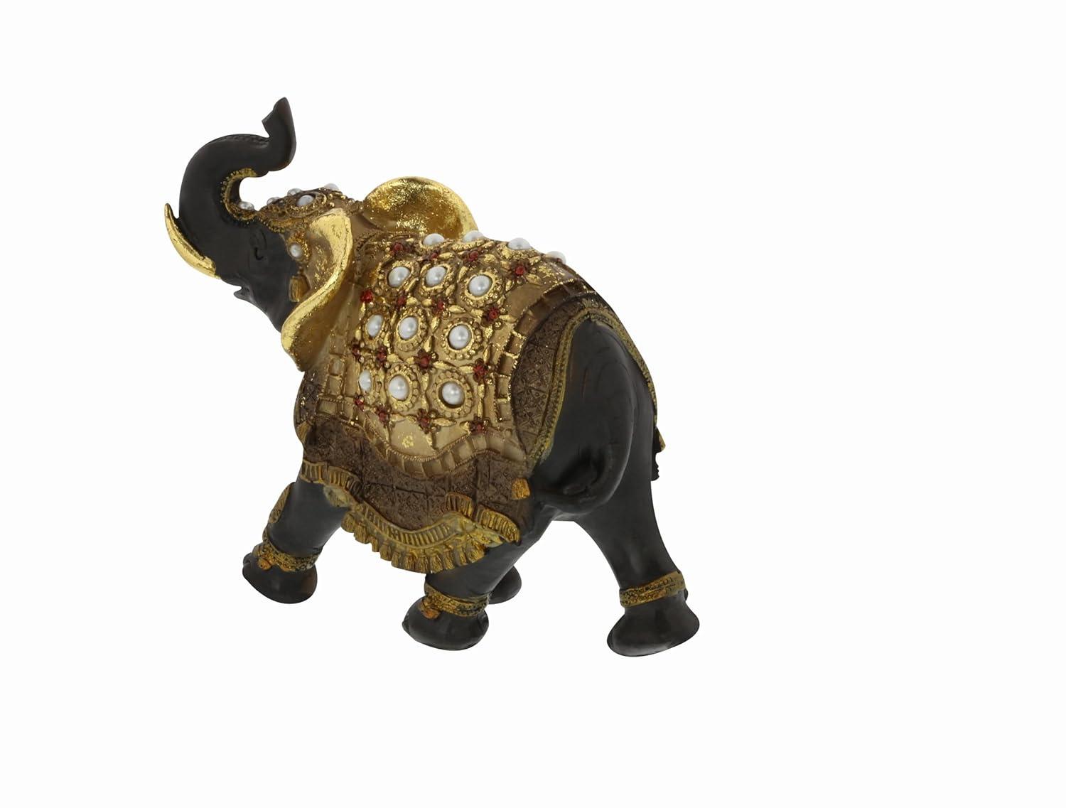 World Menagerie Alfhild Polystone Handmade Decorated Elephant Gold Sculpture with Ornate Dresswear and Pearl Accents Set