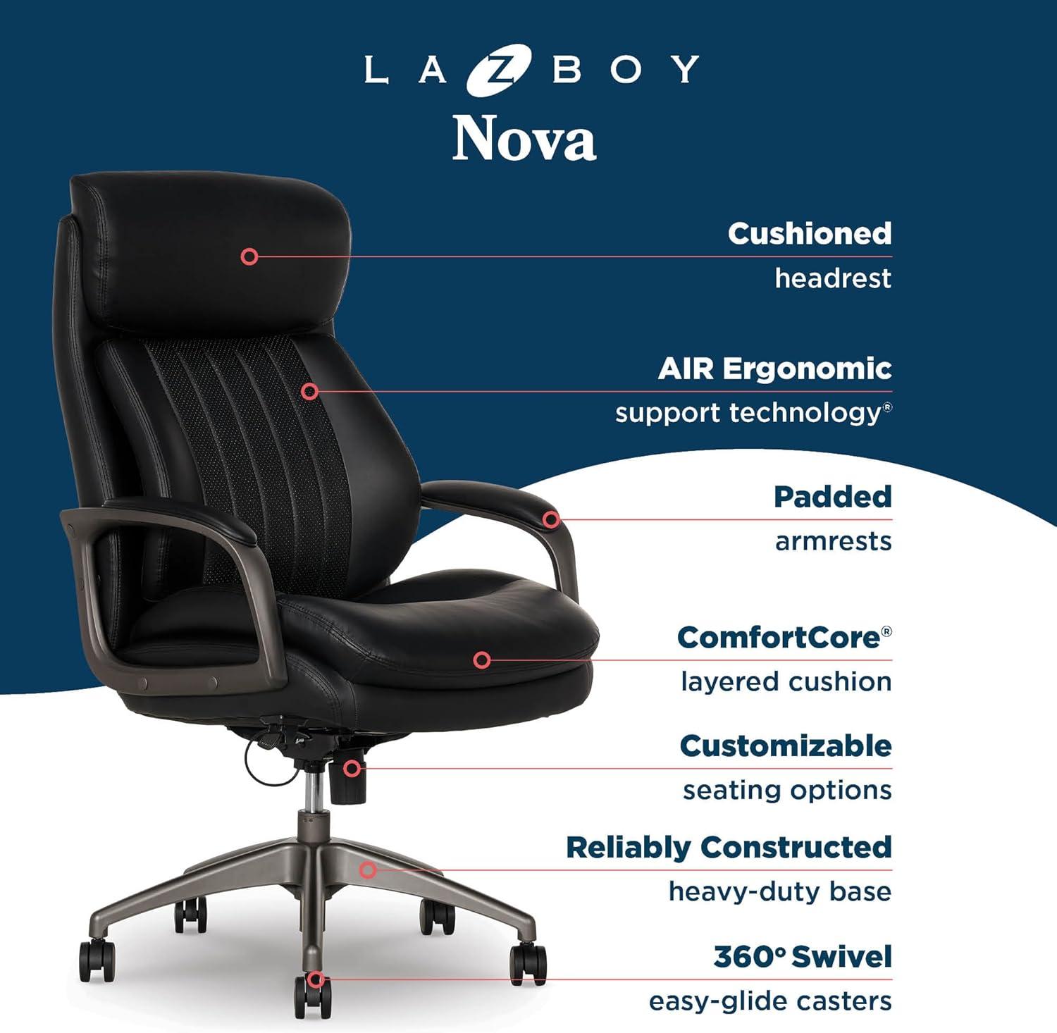 La-Z-Boy La-Z-Boy® Nova Executive Office Chair, Patented AIR Ergonomic Support Technology®, High-Back Premium Comfort & Support, Vegan PU Leather