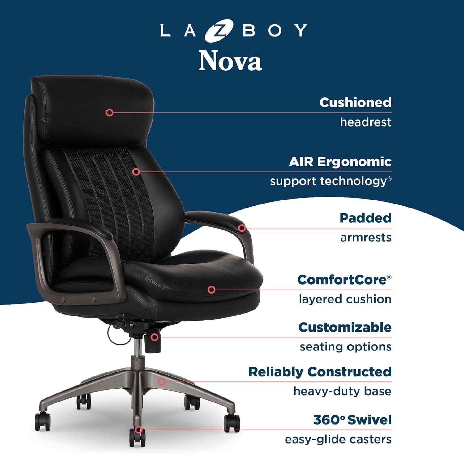 La-Z-Boy La-Z-Boy® Nova Executive Office Chair, Patented AIR Ergonomic Support Technology®, High-Back Premium Comfort & Support, Vegan PU Leather