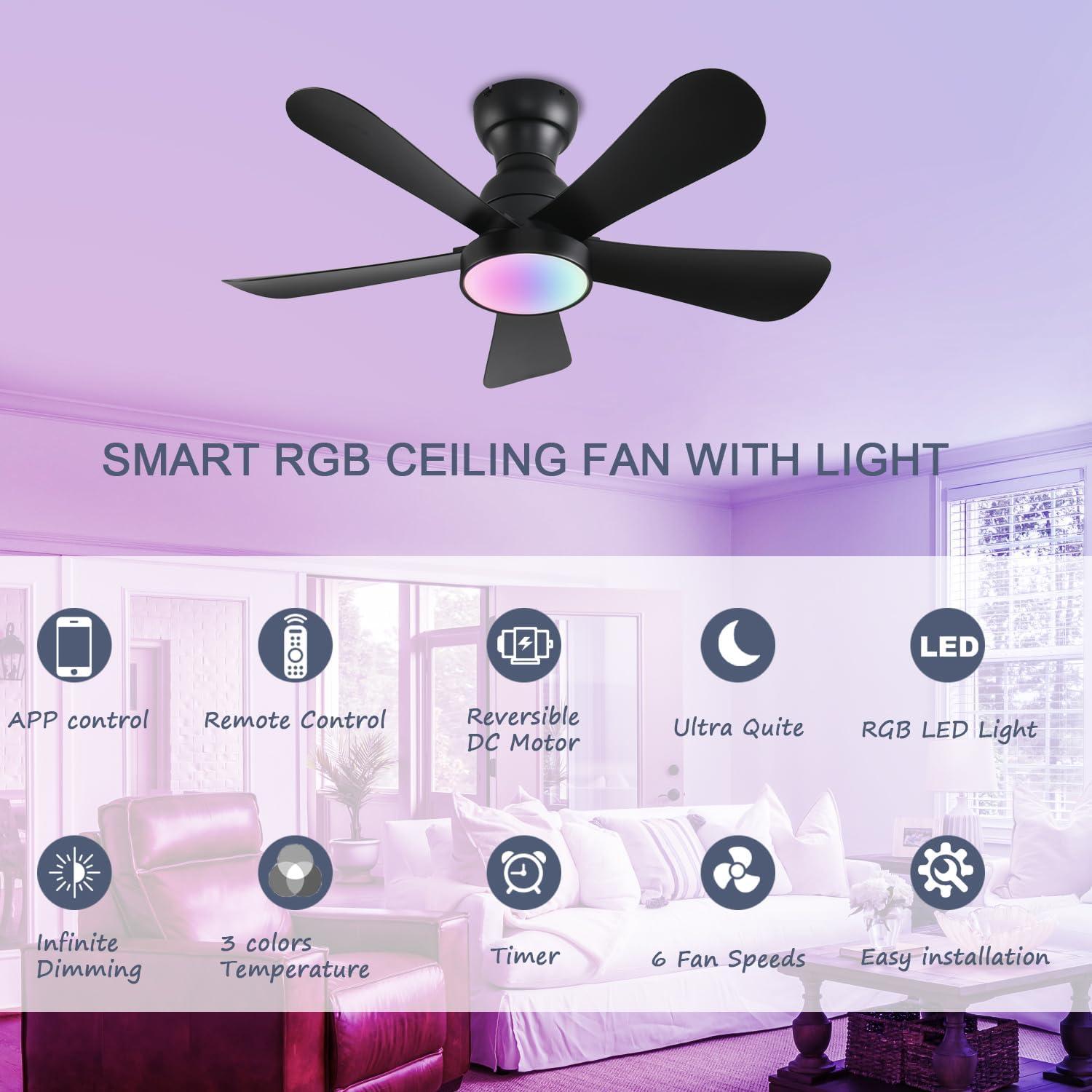 36inch Ceiling Fans with Lights and Remote/App Control, Flush Mount Ceiling Fan with Reversible Dc Motor RGB Dimmable Light, Noiseless Black Modern Small Ceiling Fan for Bedroom Indoor/Outdoor