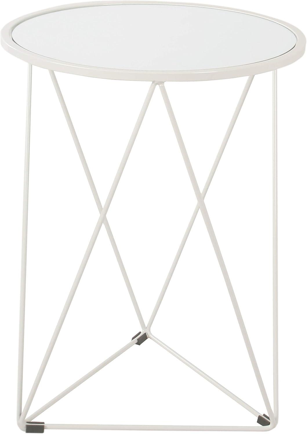 Metal Accent Table Triangle Base Round Mirror Top, White 18.24D X 24W X 18H In