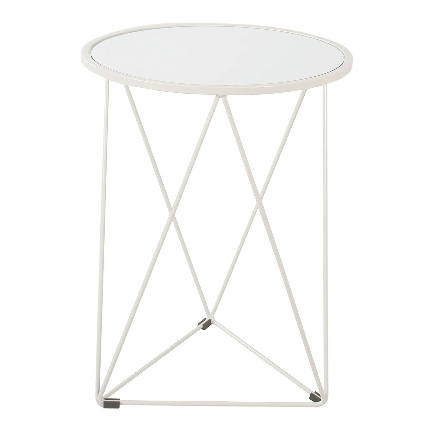 HomePop Metal Accent Table Triangle White Base, Round Mirror Top