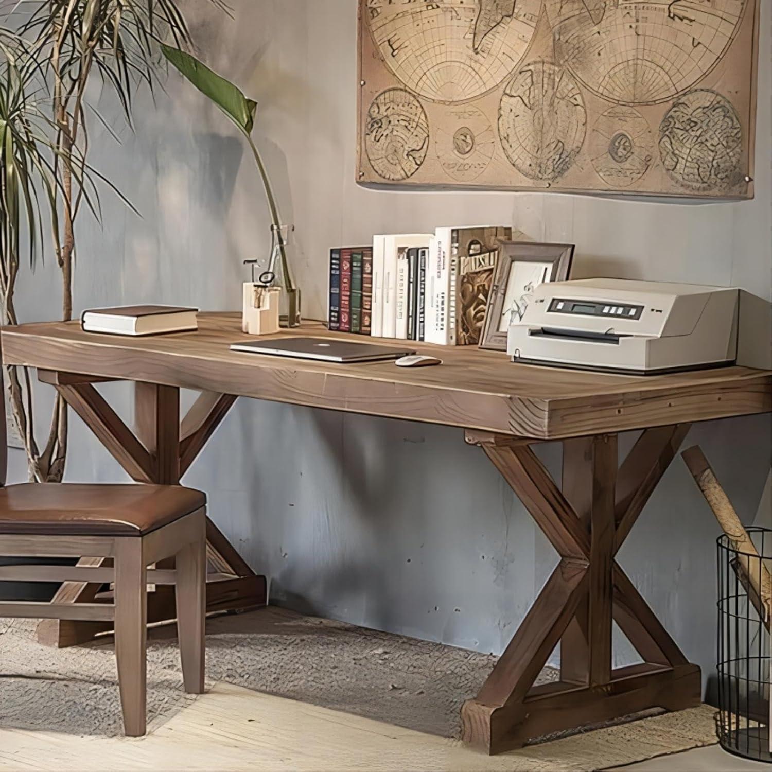 Rustic Farmhouse Computer Desk In Natural With Trestle Base Wooden Office Desk