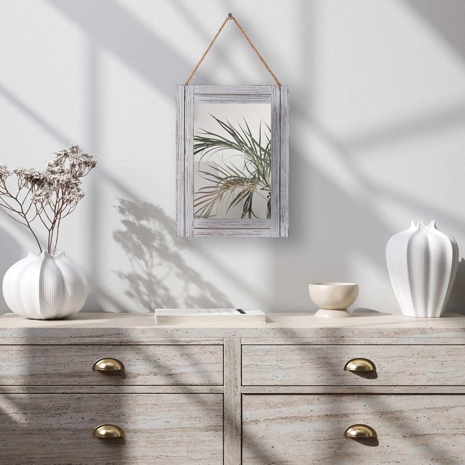 Arikago 12 x 16 in Wall Decorative Mirror, Rustic Wood Frame Rectangular Mirror with Hanging Rope for Entryway, Bedroom, Guest Bathroom, Living Room, Bedroom - Grey