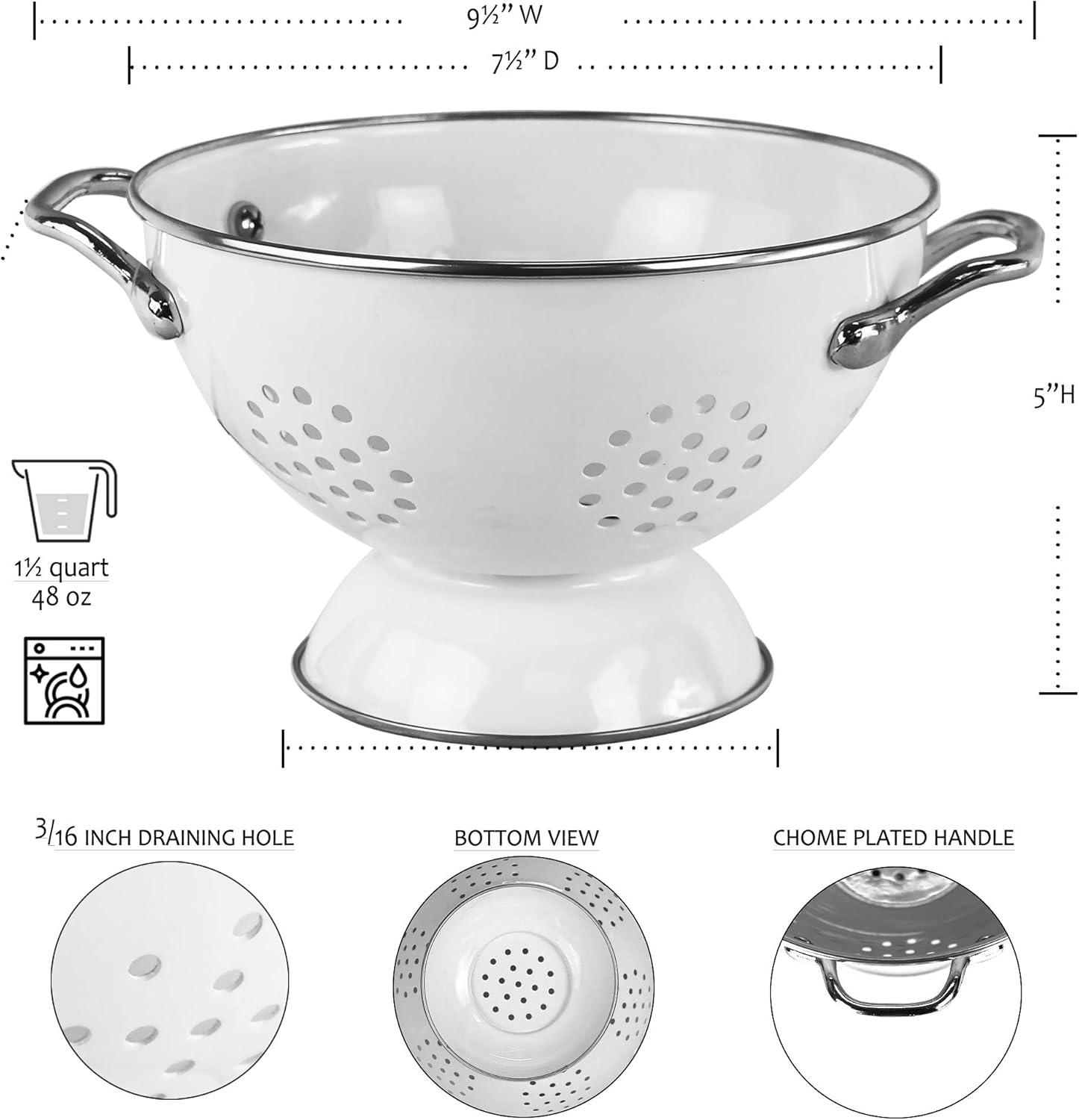 White Enamel 1.5 Quart Colander with Chrome Handles