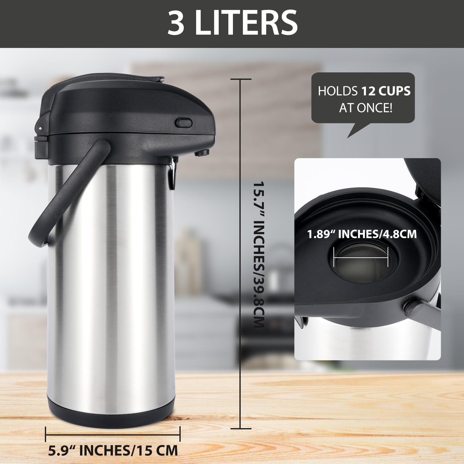 Heritage66 Advanced Thermal Coffee Carafe -Triple Wall Vacuum Insulated Flask- Thermos Keeping Beverages Hot for 12 Hours /24 Hours Cold Tea, Water, and Coffee Dispenser (3 Liter / 101 Oz)