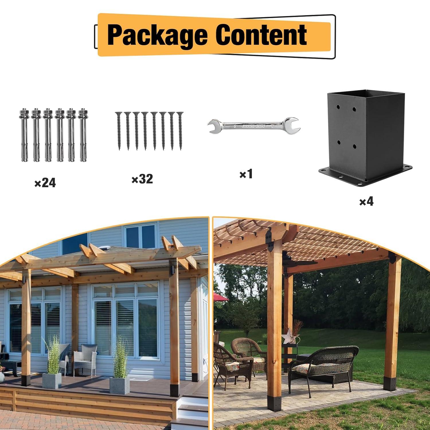 Black Steel 4x4 Post Base Brackets with Fasteners