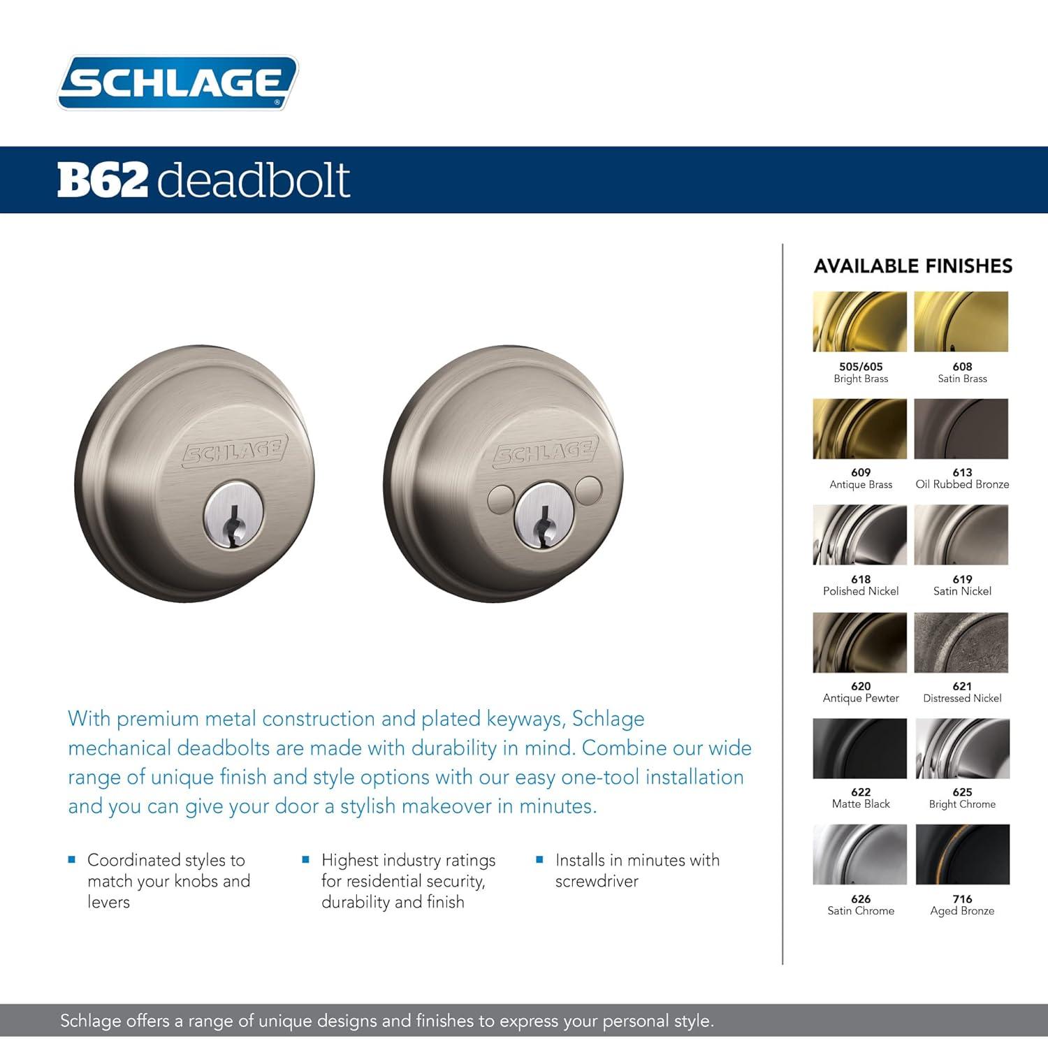 SCHLAGE B62N622 Deadbolt, Keyed 2 Sides, Matte Black