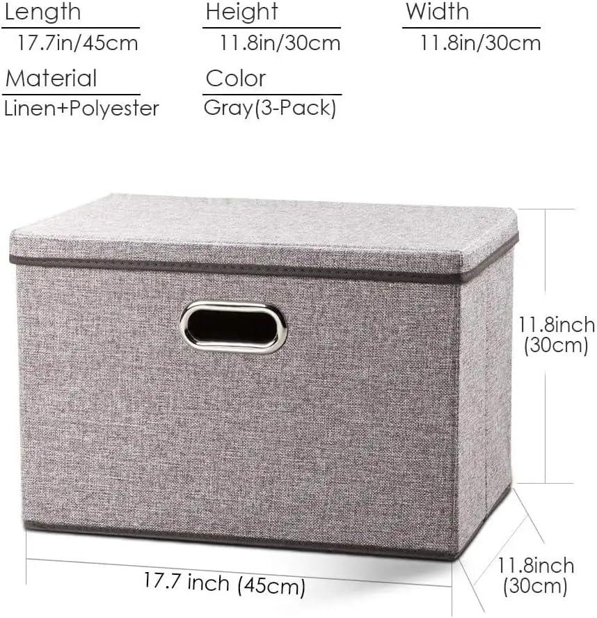 3 Pack Collapsible storage bins with lid. Foldable Storage bins for shelves, closet, office bedroom, or nursery. Containers made with linen fabric and stainless steel handles for organizing.