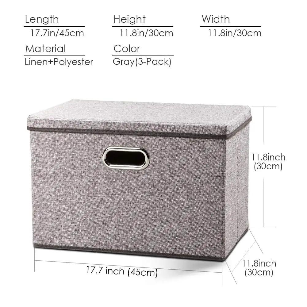 3 Pack Collapsible storage bins with lid. Foldable Storage bins for shelves, closet, office bedroom, or nursery. Containers made with linen fabric and stainless steel handles for organizing.