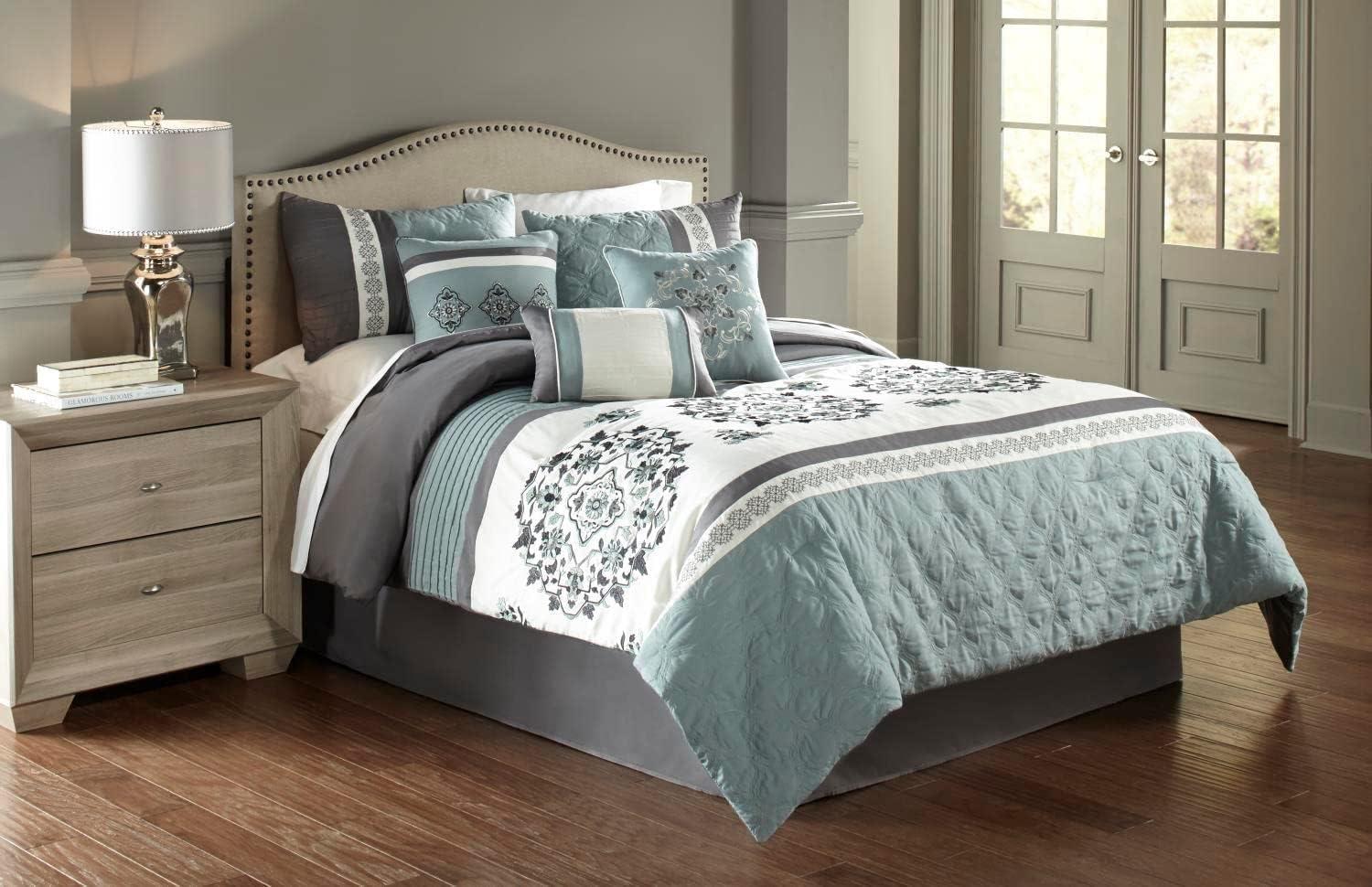 Riverbrook Home 7pc King Alex Comforter Set Blue & Gray : Polyester Medallion Pattern, Pleated & Quilted Design, Machine Washable