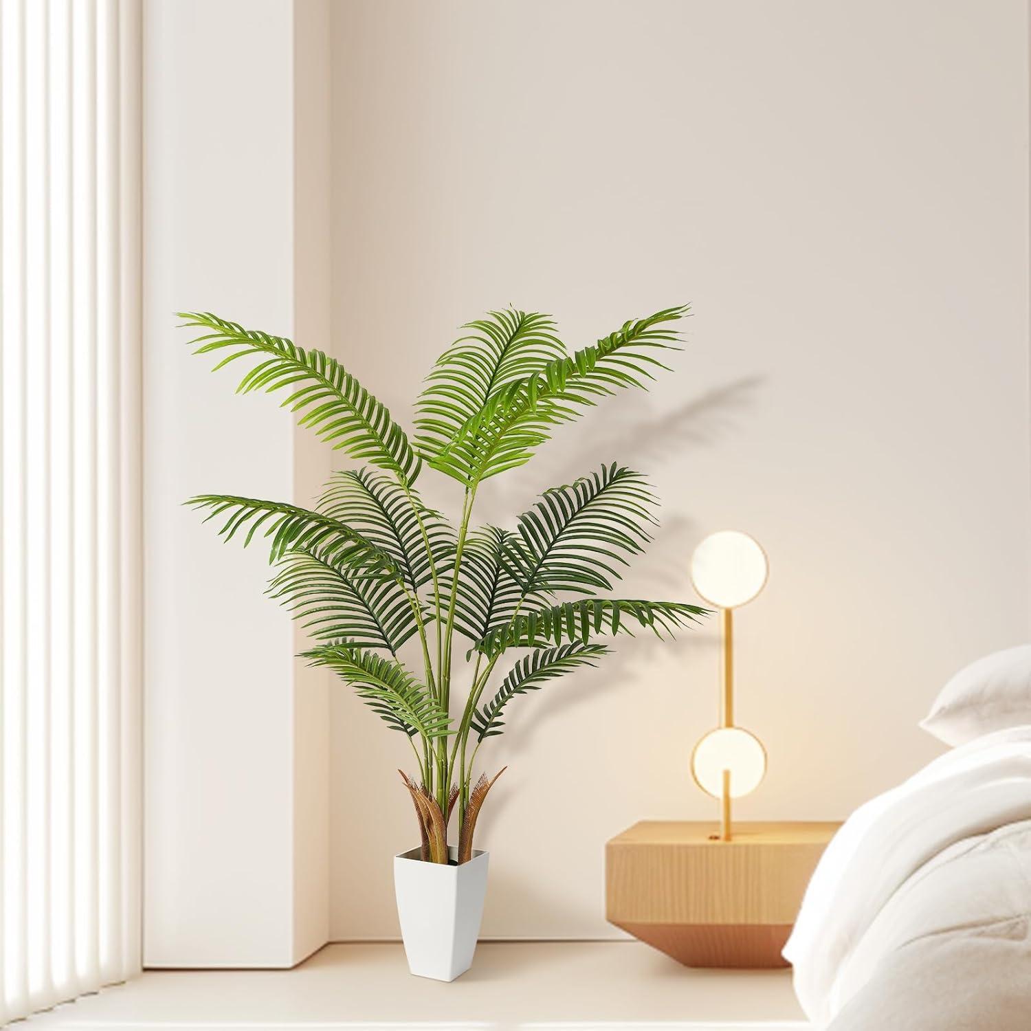 Artificial Palm Tree 5FT - Fake Tree with White Tall Planter - Faux Tropical Floor Plant in Pot - Artificial Silk Plant for Home Office Living Room Decor Indoor