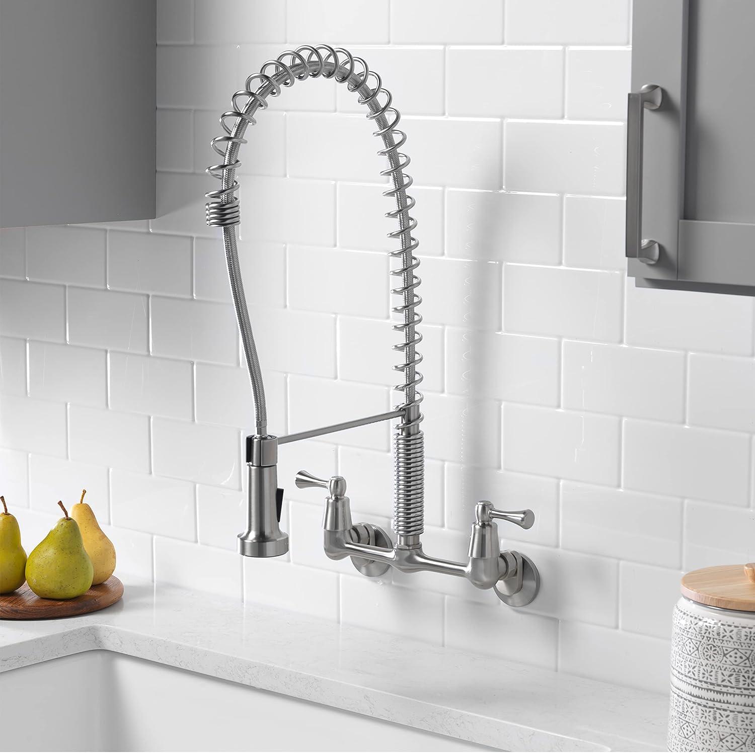 Stainless Steel Wall Mount Kitchen Faucet with Pull-Down Spray