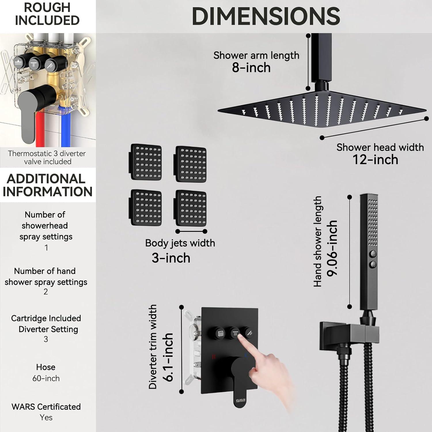 Revitalize 3-Function 12 Inch Wall Mount Rainfall Thermostatic Shower System with 6 Body Jets