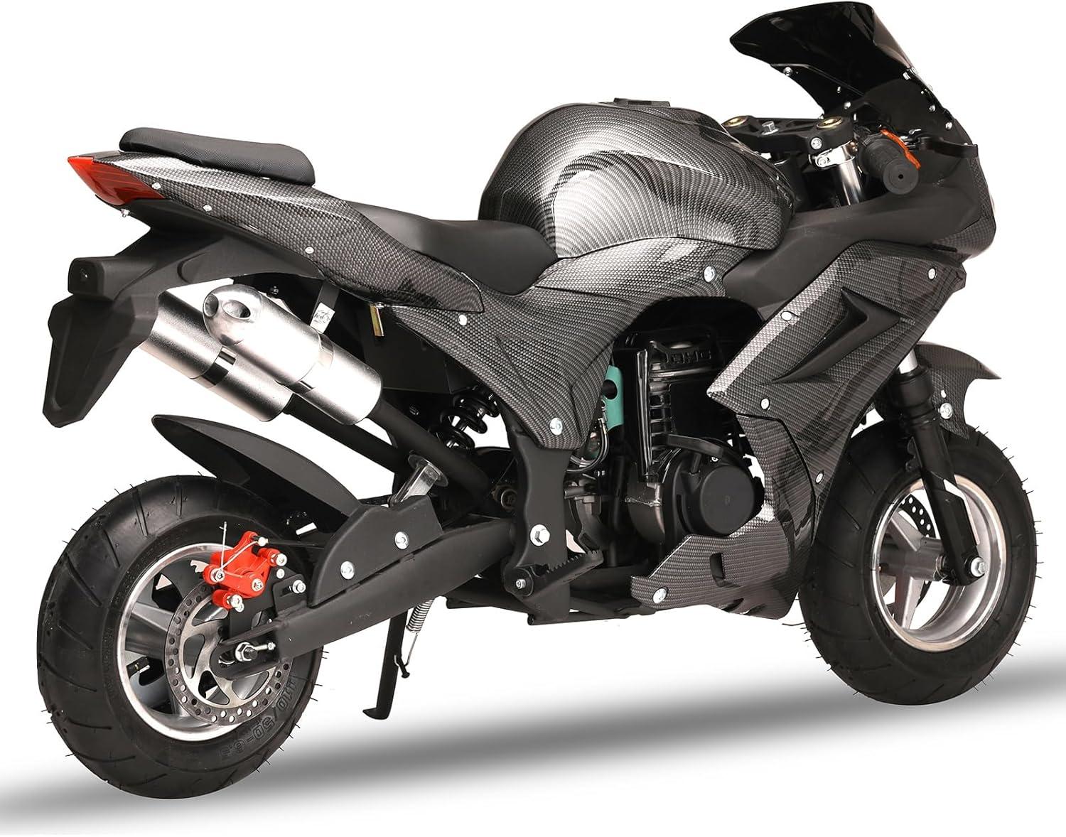 Mini Pocket Bike Motorcycle 49cc 4-Stroke Gas Bike Motorbike with Front Rear Disc Brakes, Gas Pocket Motorbike Racing Max Speed 25MPH, Dual Headlights Black