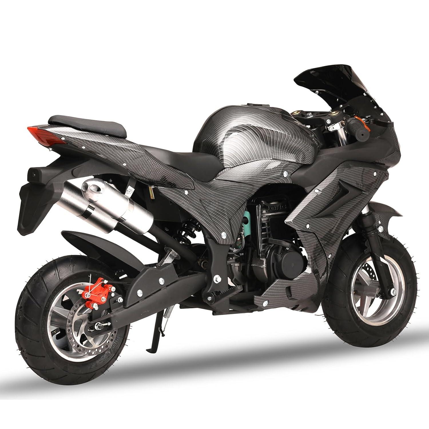 Mini Pocket Bike Motorcycle 49cc 4-Stroke Gas Bike Motorbike with Front Rear Disc Brakes, Gas Pocket Motorbike Racing Max Speed 25MPH, Dual Headlights Black