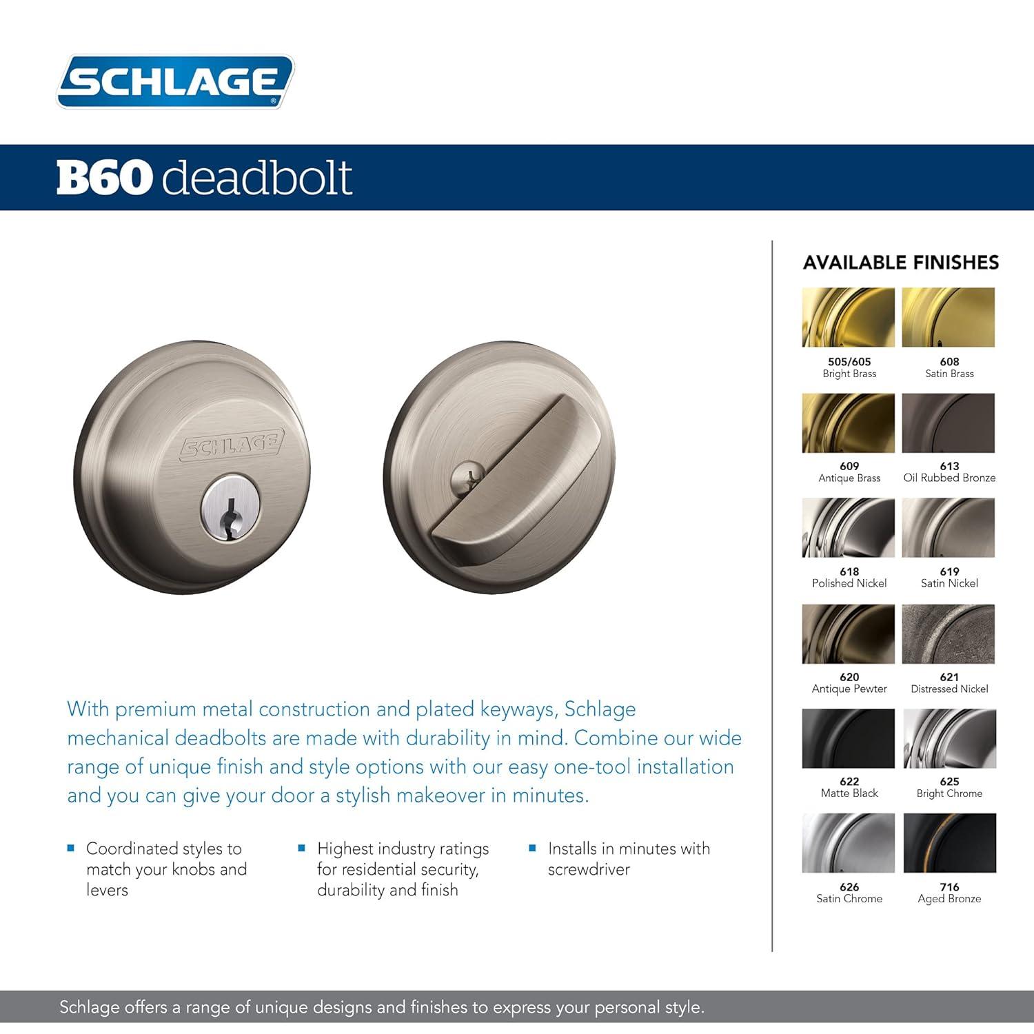 Schlage B60 N 609 Deadbolt, Keyed 1 Side, Highest Residential Security, Antique Brass