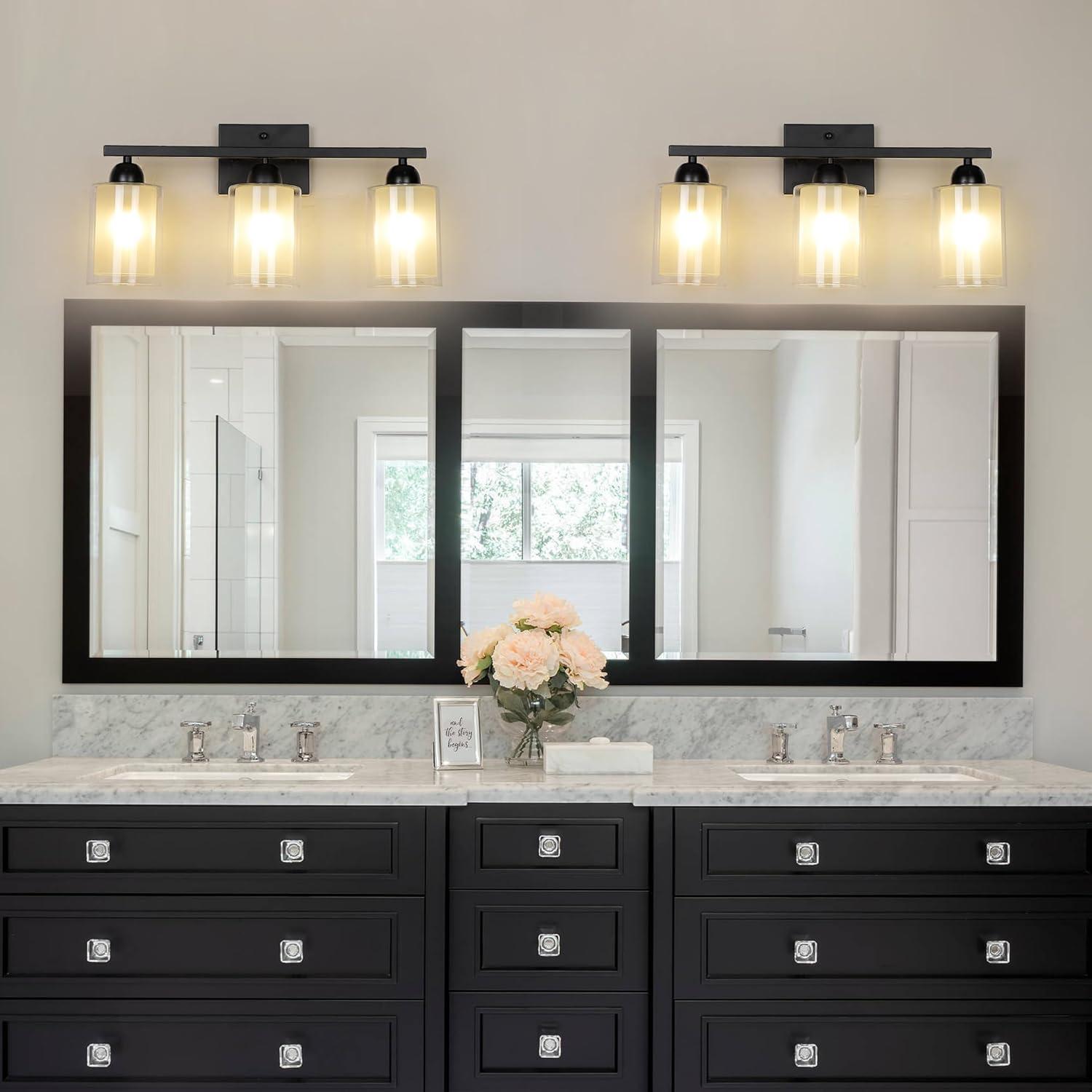 3-Light Bathroom Light Fixtures Bathroom Vanity Lights with Clear Glass Shades Matte Black Bathroom Light Fixtures over mirror for Mirror Living Room Cabinet Bedroom Porch