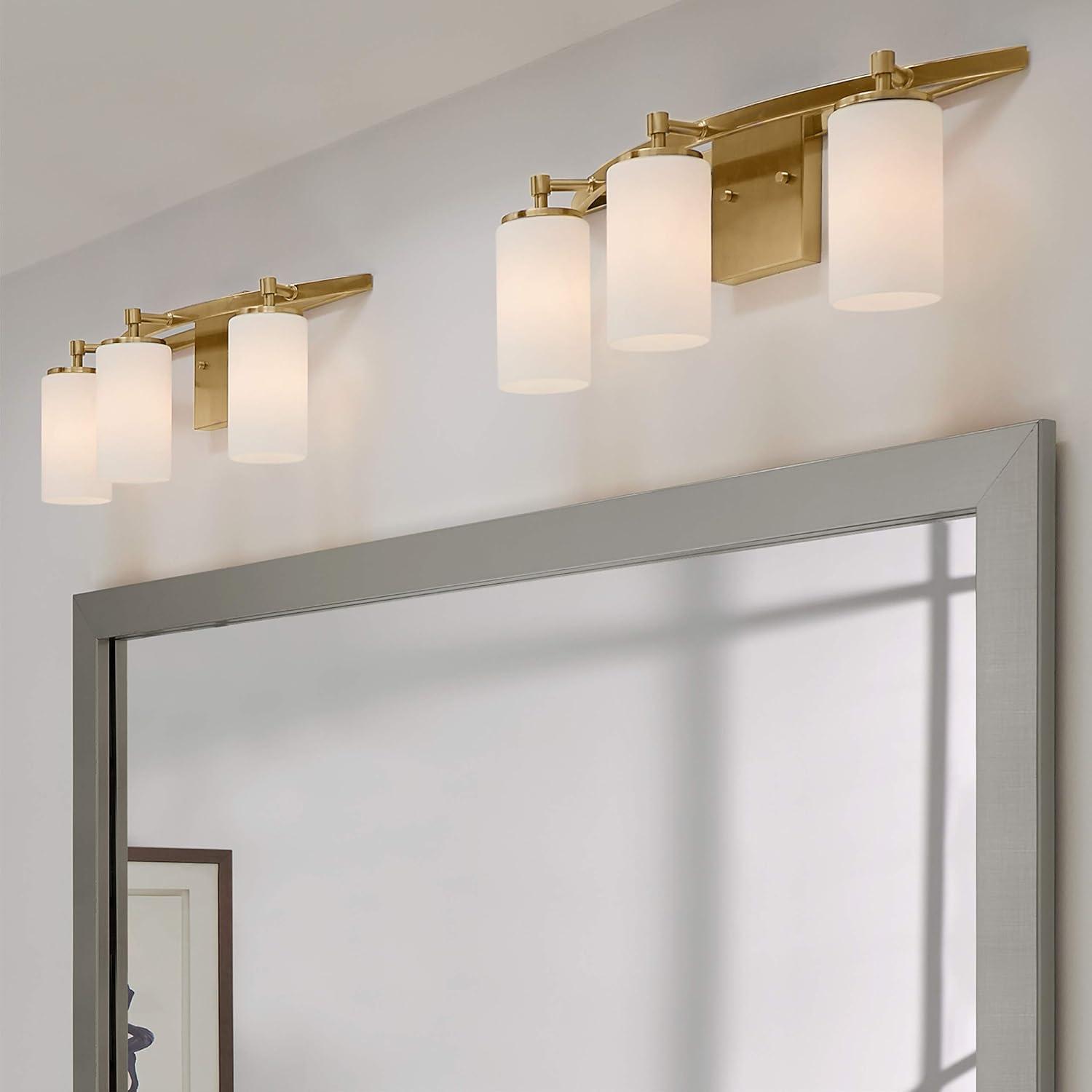 Satin Brass 3-Light Wall Bath Sconce with Etched White Glass