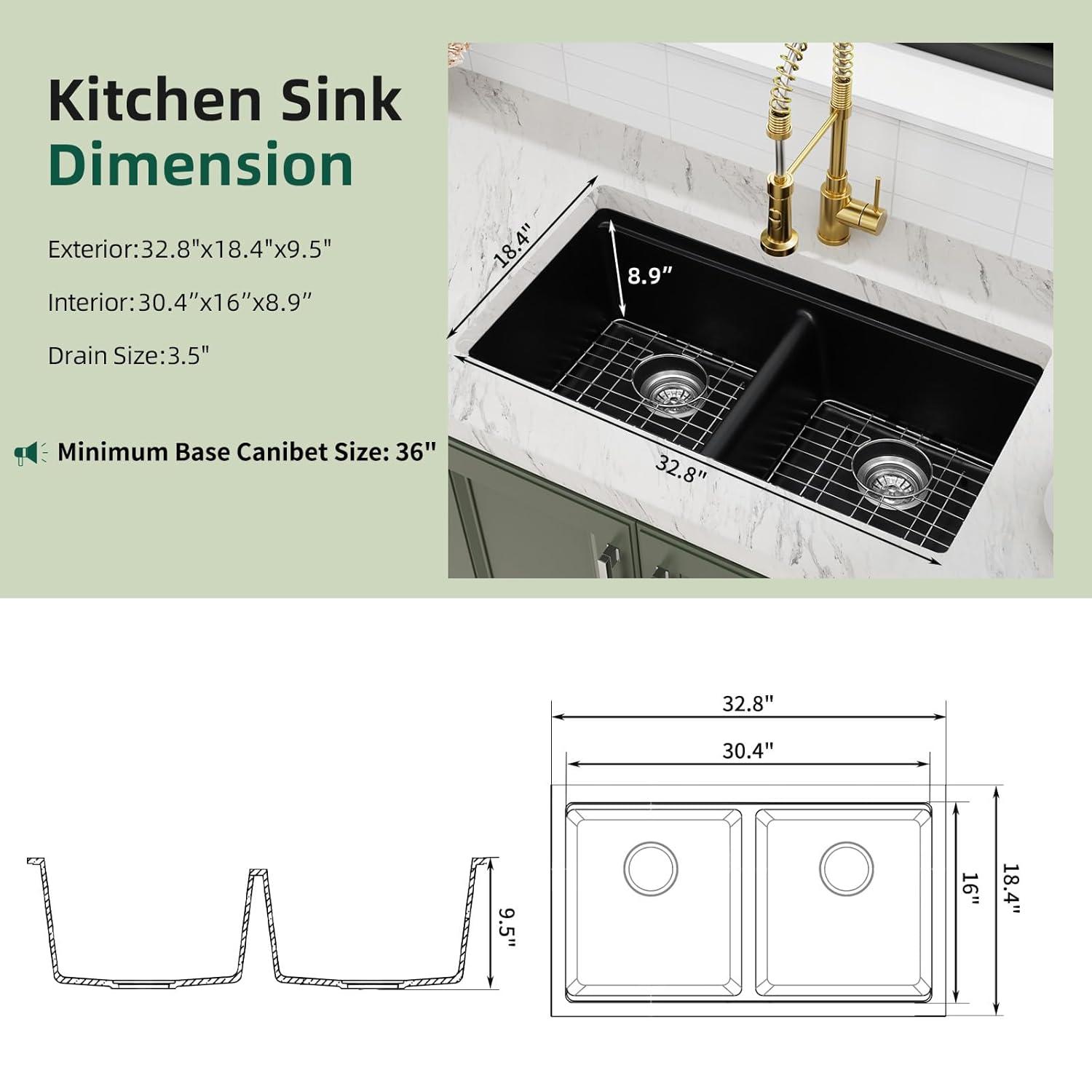 Davivy 33 Inch Black Granite Composite Kitchen Sink Workstation, 33 X 22 Quartz Composite Dual Mount Sink, Matte Black Composite Single Bowl Sink