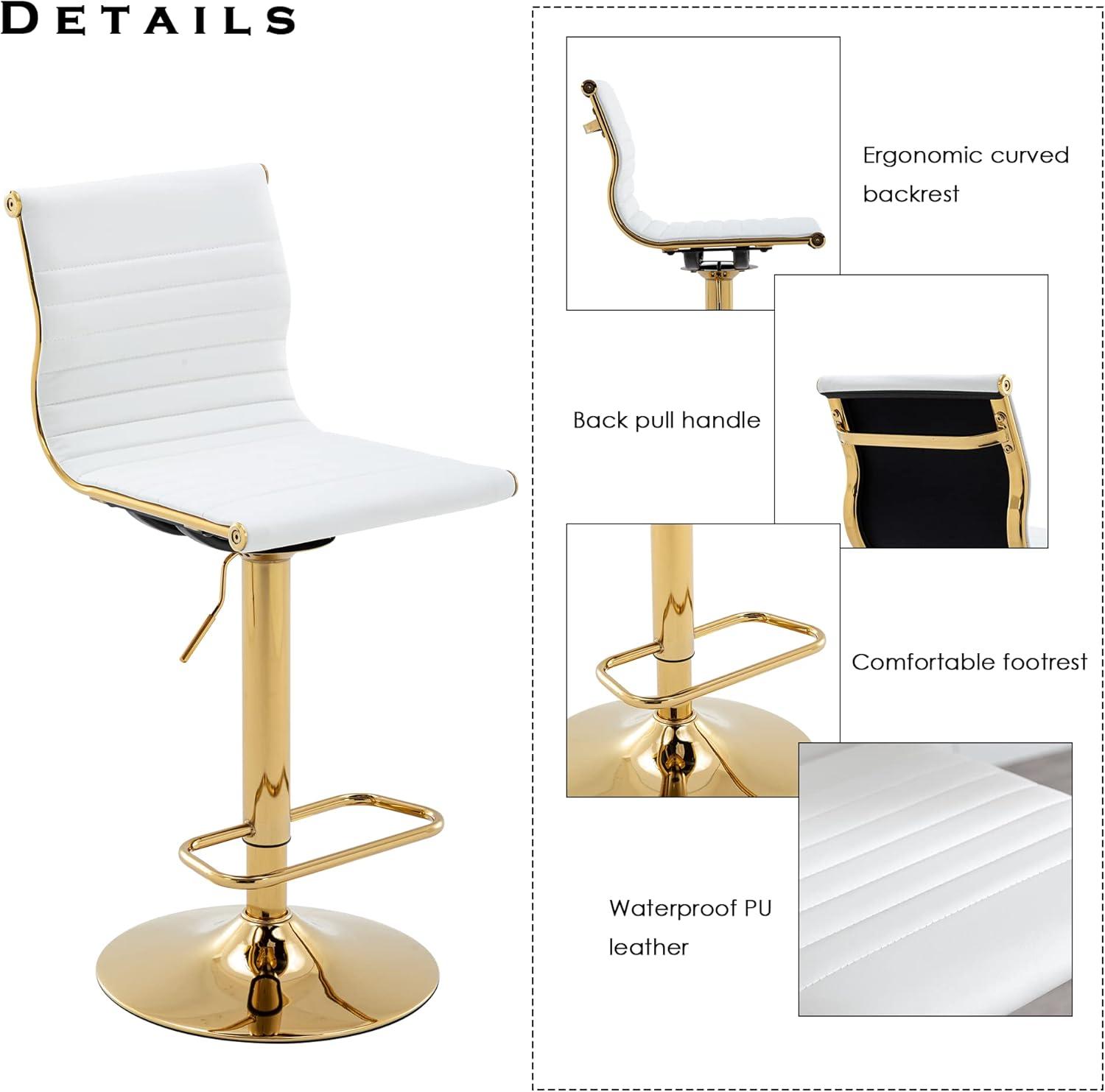Flash Furniture Modern White Vinyl Adjustable Bar Stool with Back, Counter Height Swivel Stool with Gold Pedestal Base, Set of 2