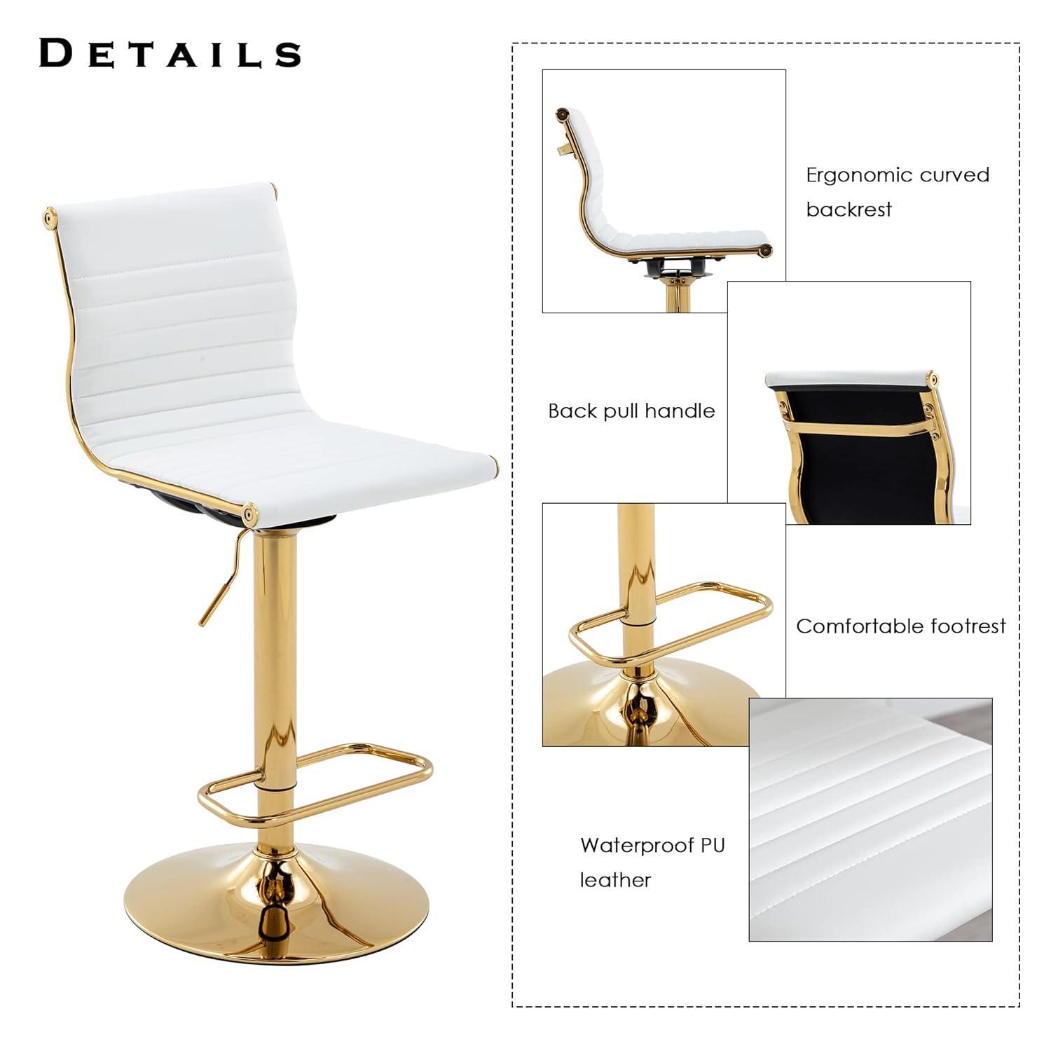 Flash Furniture Modern White Vinyl Adjustable Bar Stool with Back, Counter Height Swivel Stool with Gold Pedestal Base, Set of 2