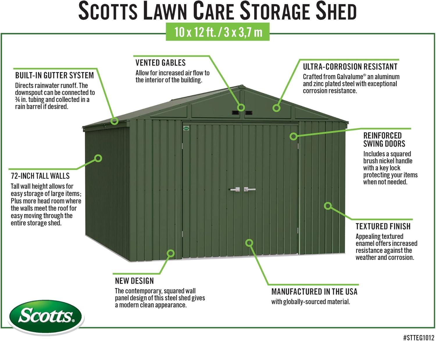 Arrow Scotts Lawn Care Storage Shed, 10x12, Green