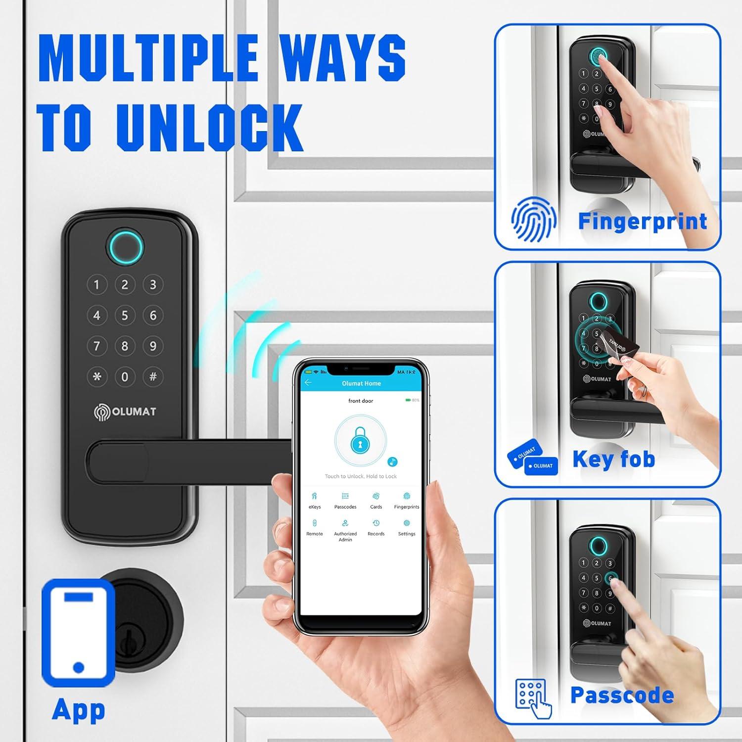 Smart Door Lock, OLUMAT Keyless Entry Door Lock Fingerprint Door Lock with Keypad Digital Door Lock with Handle for Home, Rental, Office and Hotel-Black