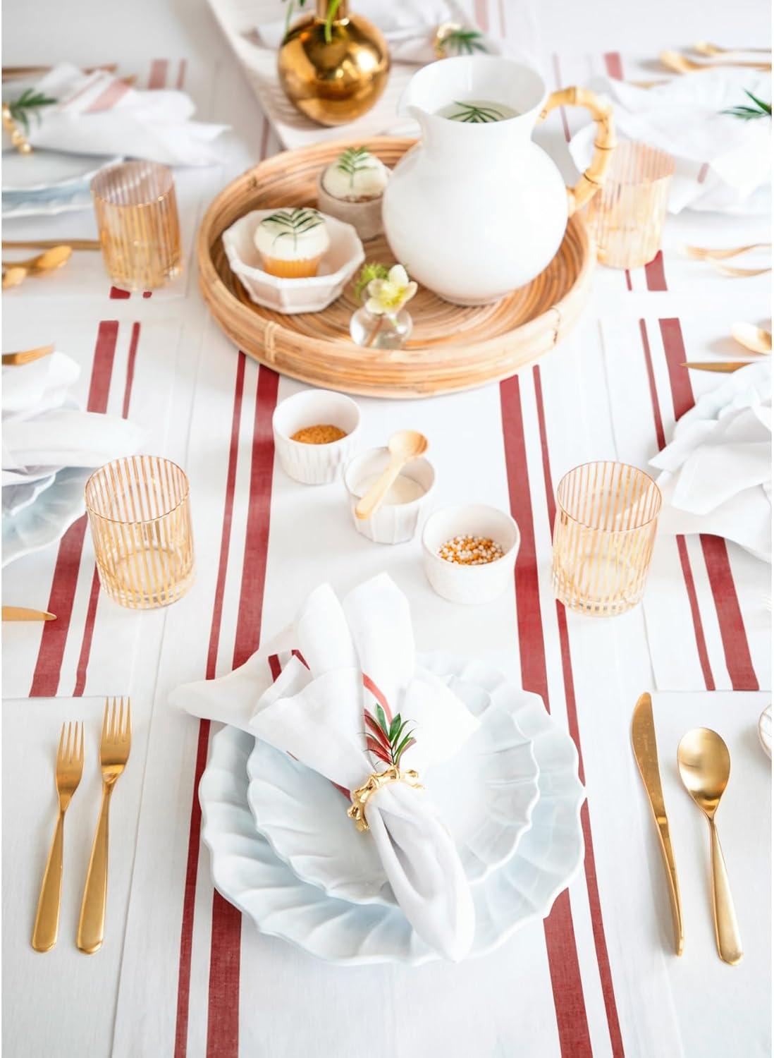 Red and White Striped Linen Table Runner 120" Long