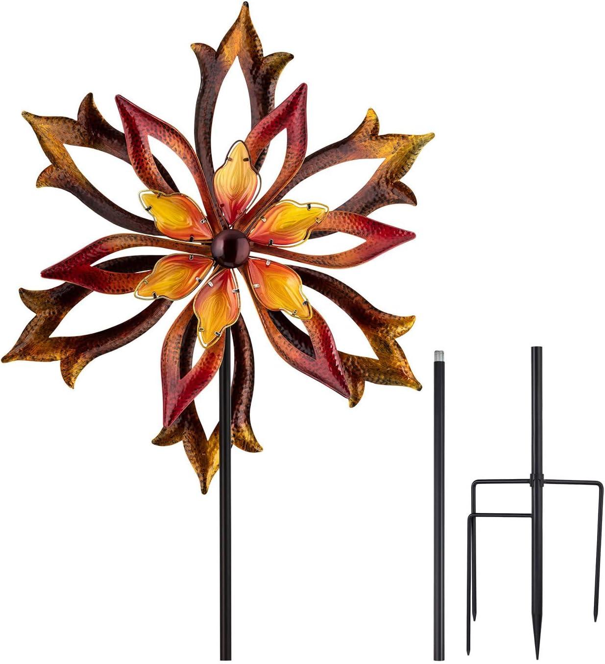 96" Glass/Iron Outdoor Flower Dual Kinetic Spinner Stake Red/Yellow - Alpine Corporation: Yard Art Decor