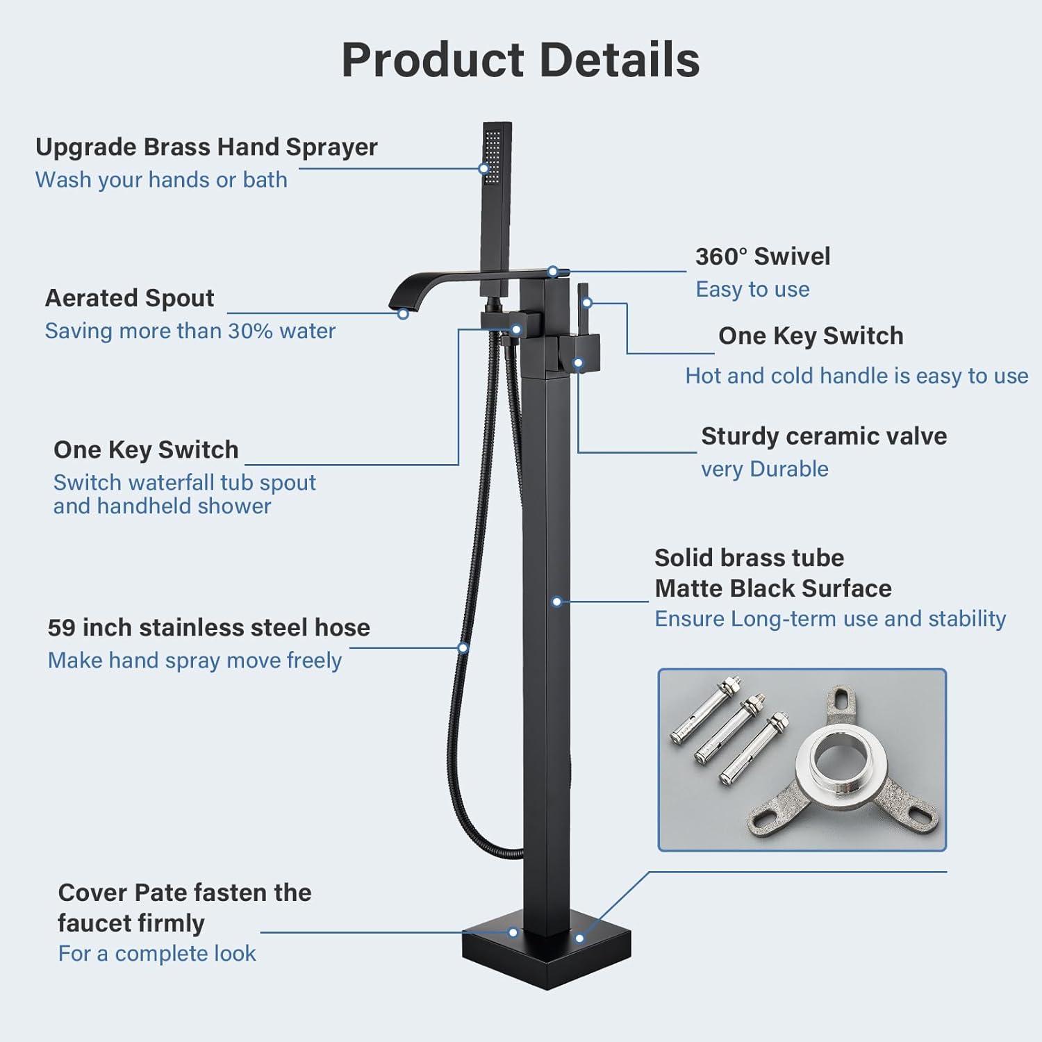 AIHOME Freestanding Bathtub Faucet Matte Black Shower Head and Handle Set Single-Hand High-Pressure Shower Head Floor Mount Bathroom Supplies unusual