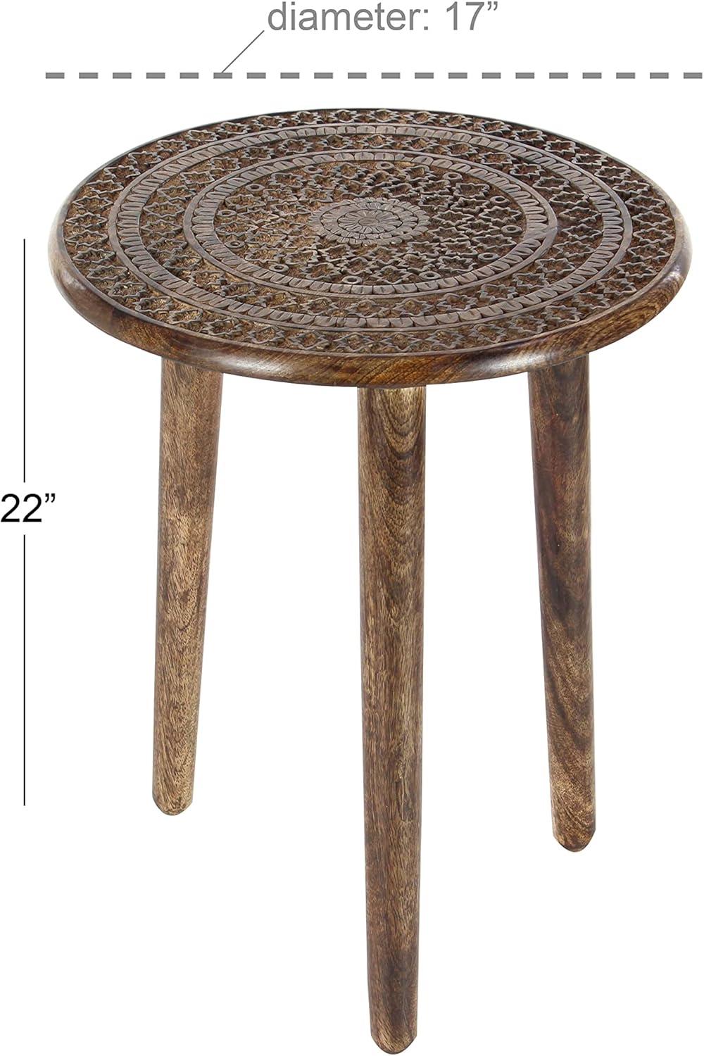 Handcrafted Dark Brown Mango Wood Floral Carved Round Accent Table