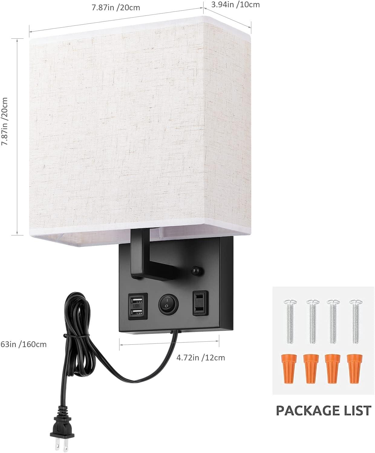 Black Linen Fabric Wall Sconce with USB and Outlet