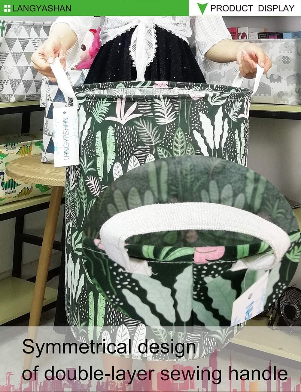LANGYASHAN Laundry Basket Canvas Fabric Collapsible Organizer Basket for Storage Bin Toy Bins Gift Baskets Bedroom Clothes Children Nursery Hamper (Round Leaf)