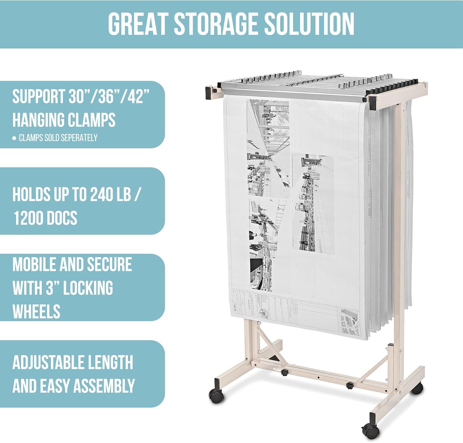 Adjustable Black Steel Mobile Blueprint Storage Rack with Wheels