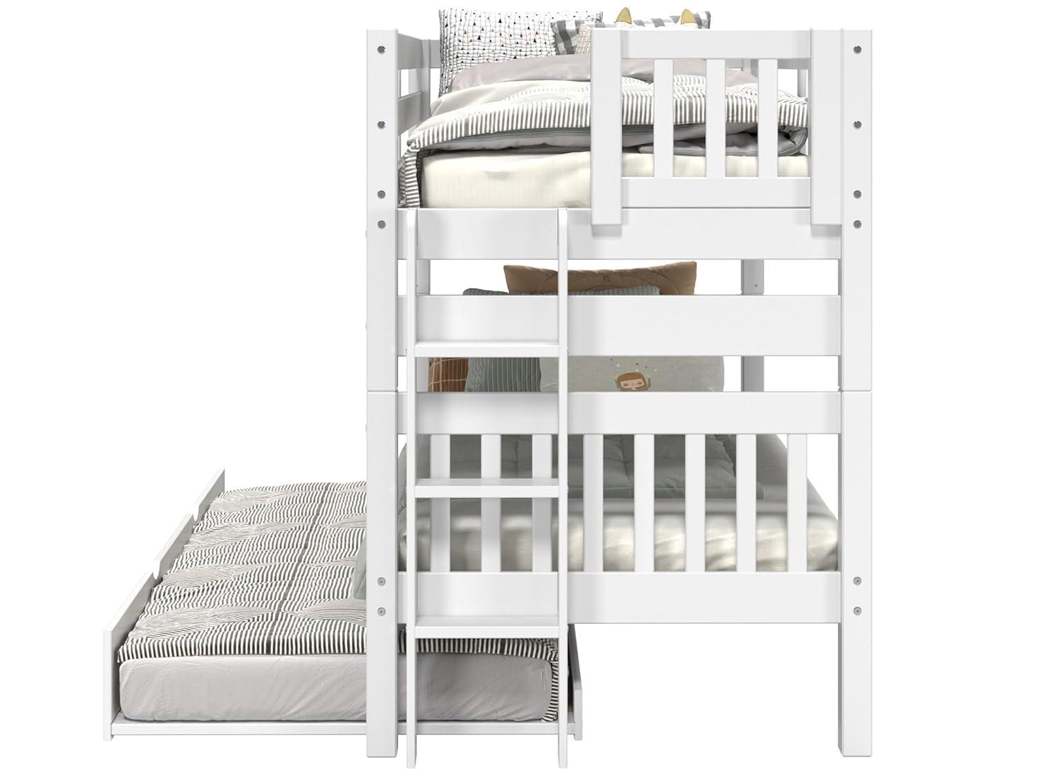 Bedz King Bunk Beds Twin over Twin Mission Style with End Ladder and a Twin Trundle, White