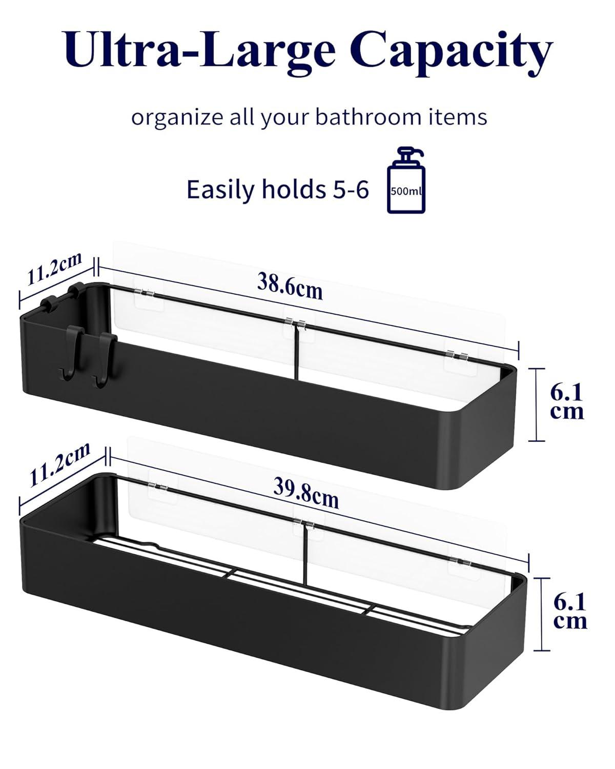 Kitsure X-Large Shower Caddy - 2 Pack Adhesive Shower Organizer, Rustproof Metal Shelves, No-Drill Bathroom Organizers and Storage, Black