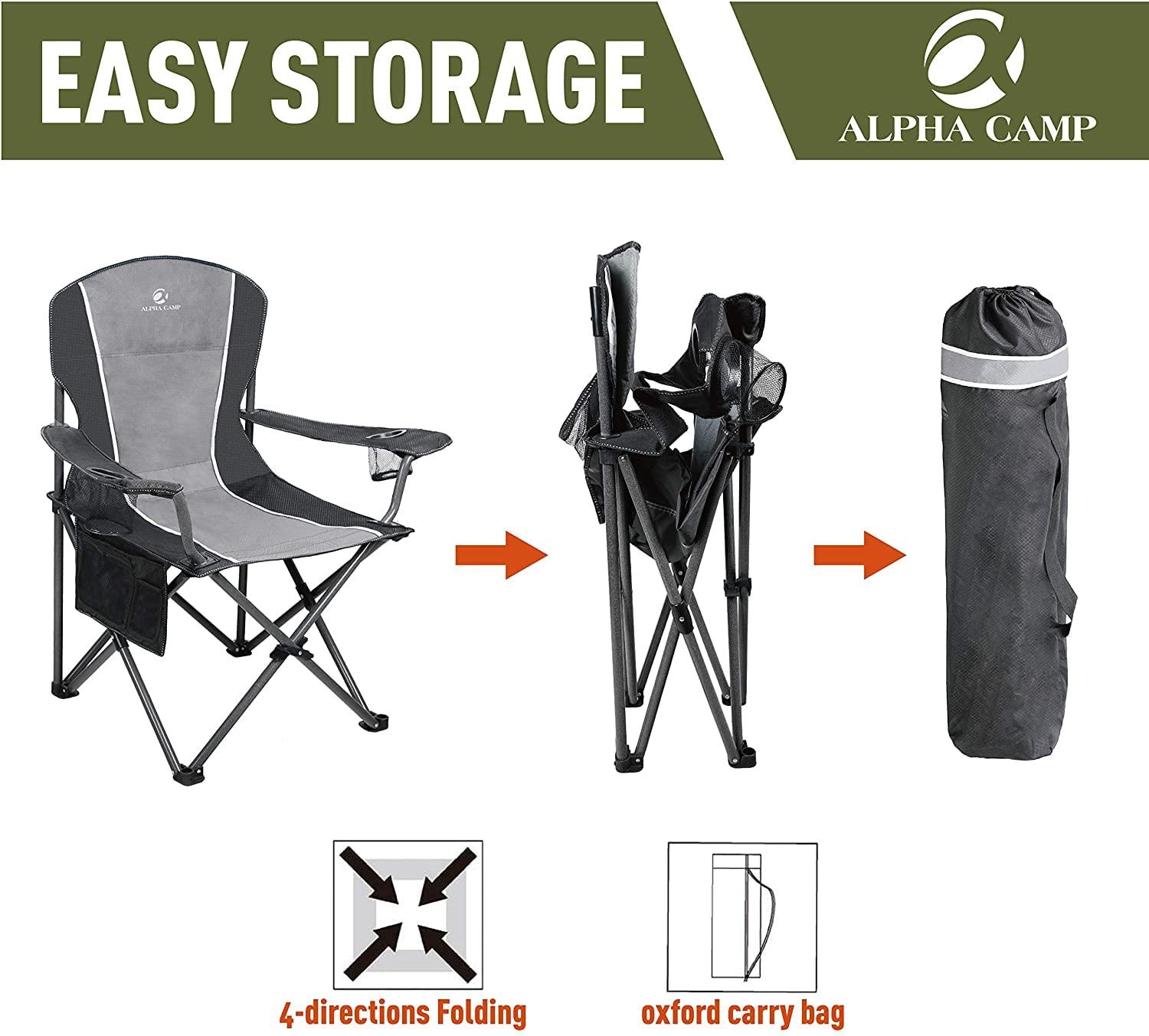 ALPHA CAMP Oversized Camping Folding Chair - Heavy Duty Steel Frame Support 350 LBS, Collapsible Padded Arm With Cup Holder, Quad Lumbar Back, Portable for Outdoor/Indoor