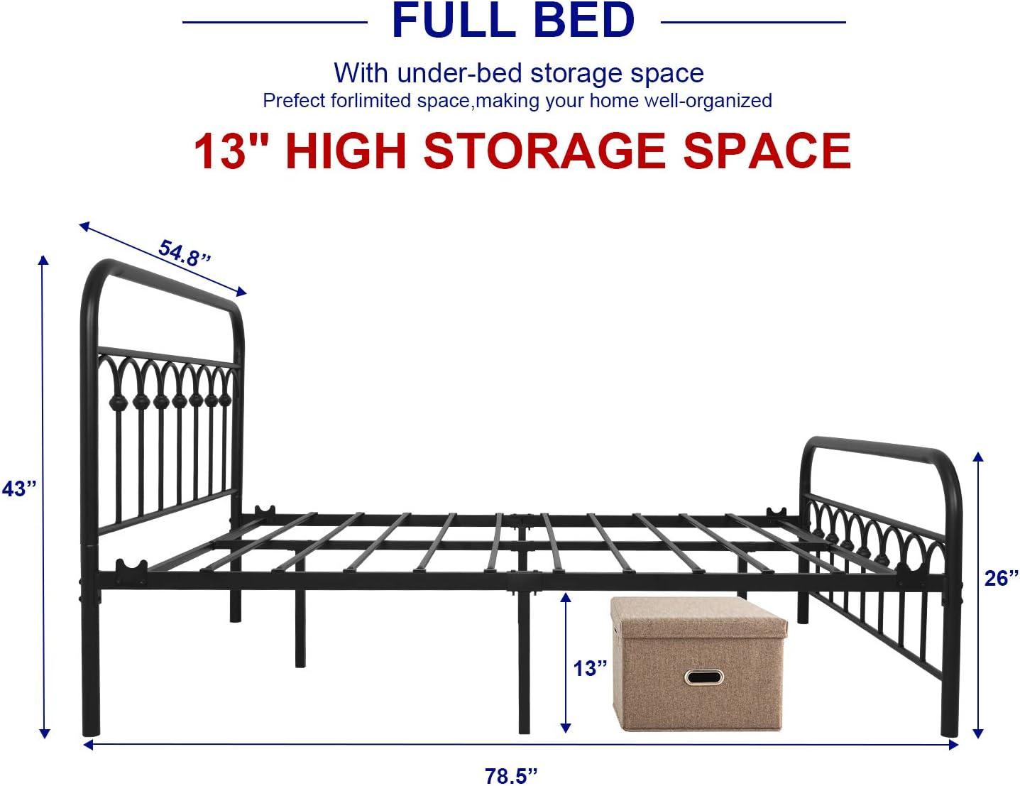 TUSEER Metal Bed Frame Full Size with Vintage Headboard and Footboard Platform Base Wrought Iron (Black)