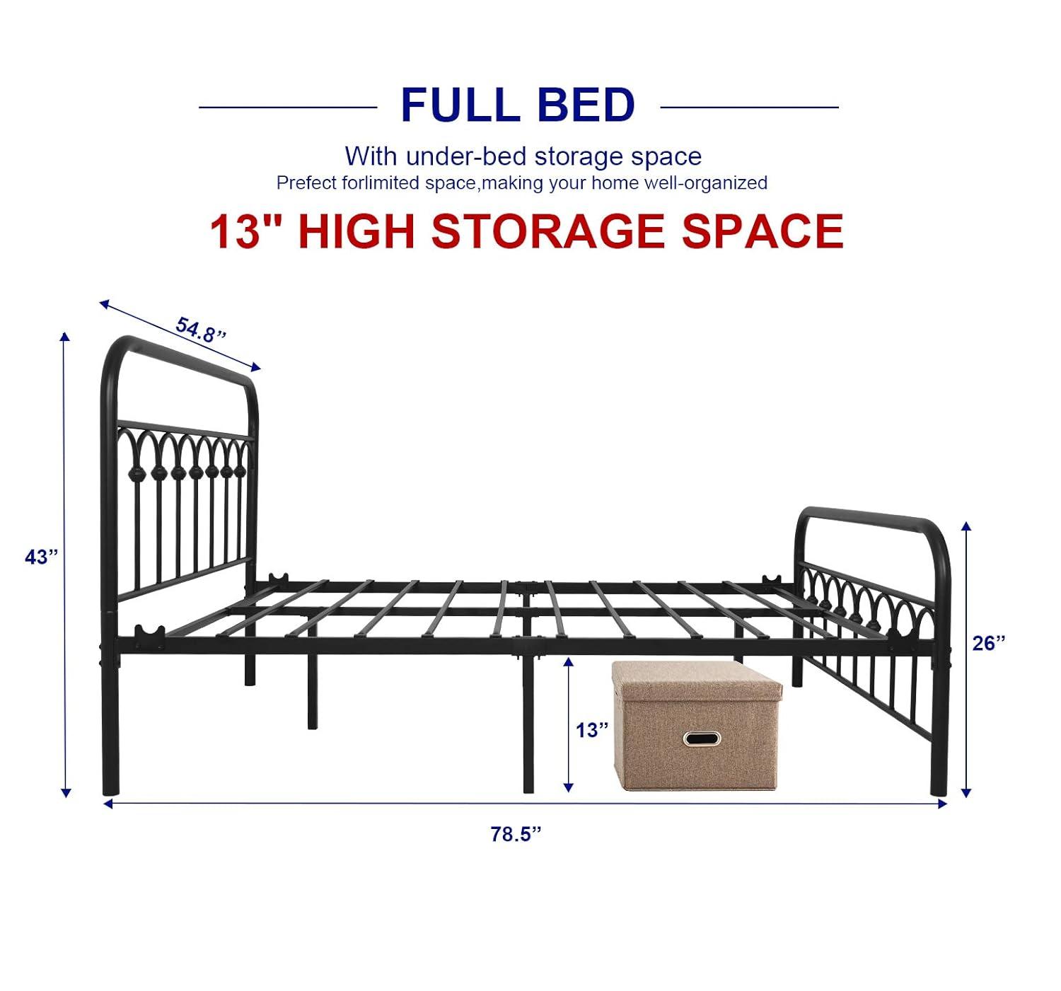 TUSEER Metal Bed Frame Full Size with Vintage Headboard and Footboard Platform Base Wrought Iron (Black)