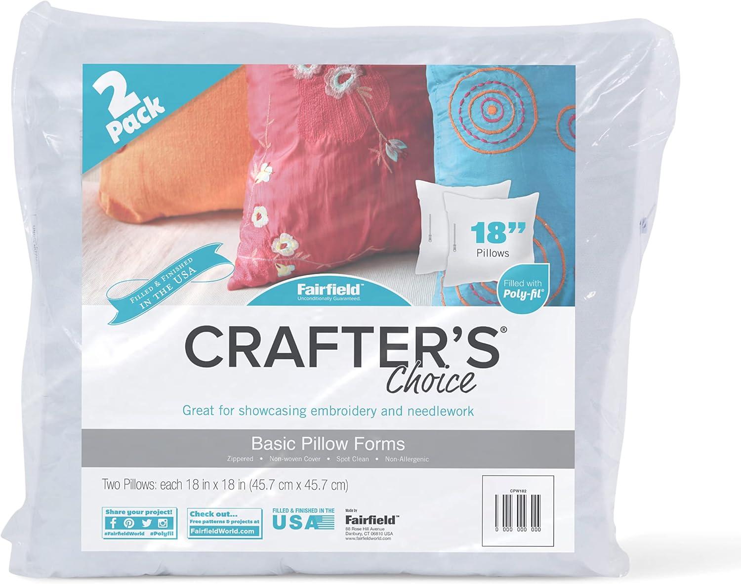 Fairfield Crafter’s Choice Basic Pillow Forms, Soft Pillow Inserts for Throw Pillows, Decorative Pillows, Travel Pillows, and Home Decor, Zippered Cover, Spot Clean, 18" X 18", Pack of 2