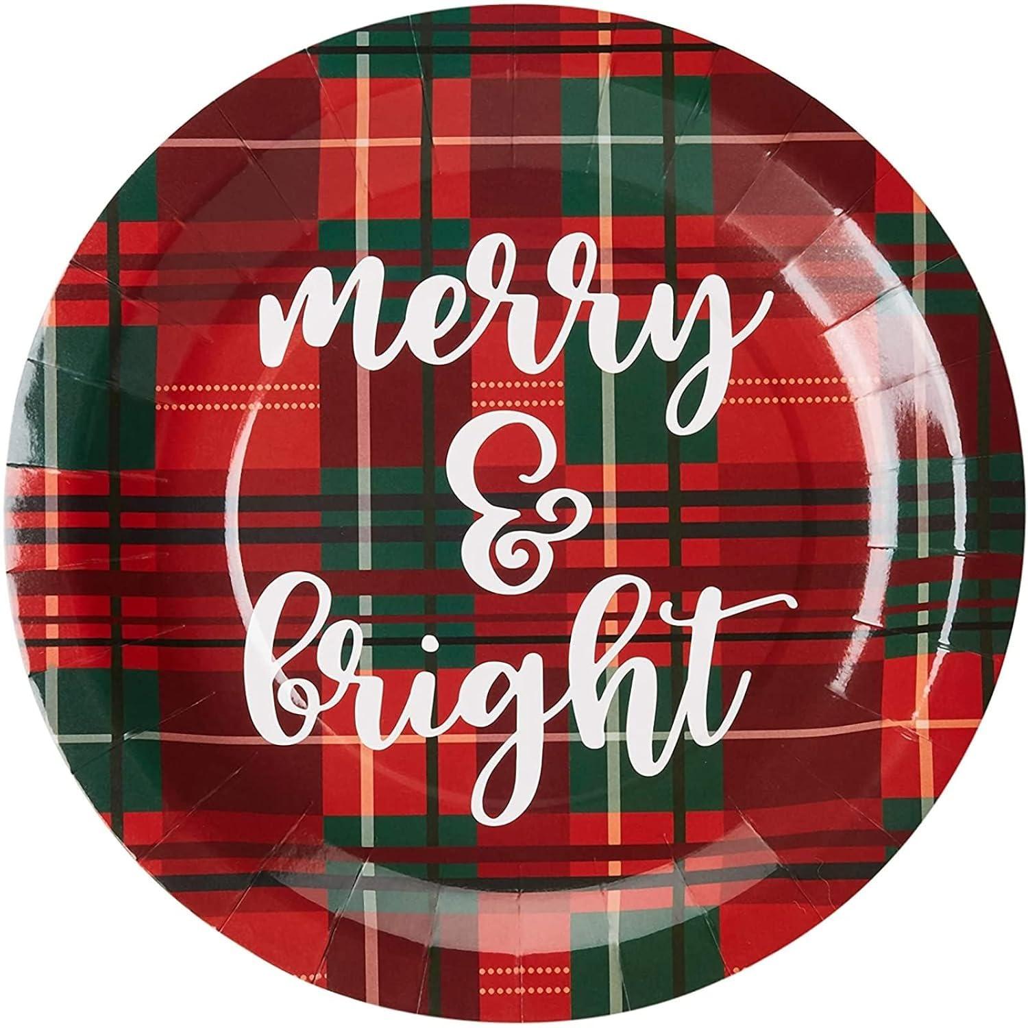 Juvale 144 Piece Christmas Dinnerware with Plaid Paper Plates, Napkins, Cups, Cutlery, Merry & Bright (Serves 24) - Paper Plate - Christma Napkin