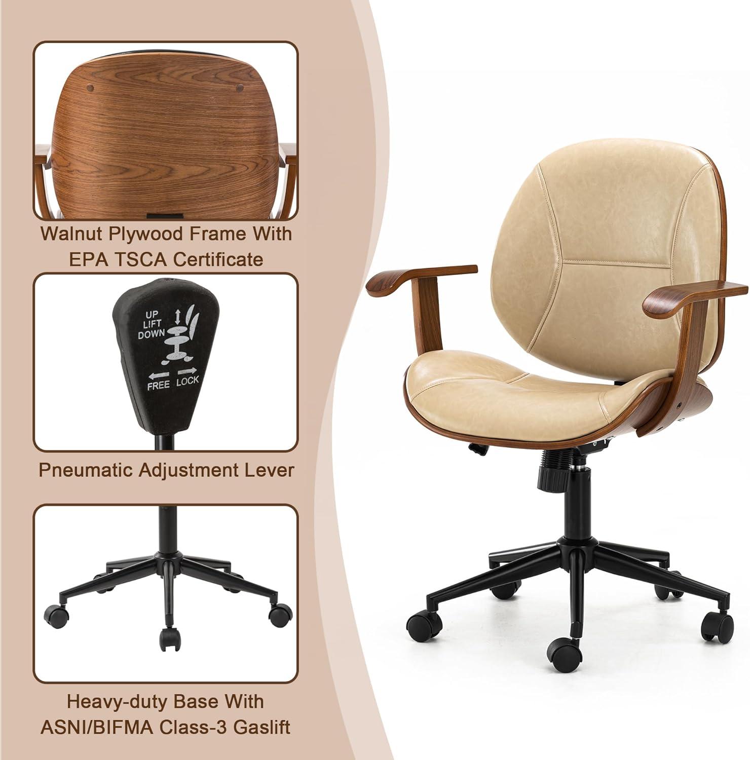Glitzhome Leather Home Office Chair with Arm, Mid-Back Adjustable Executive Swivel Desk Task Chair,Beige