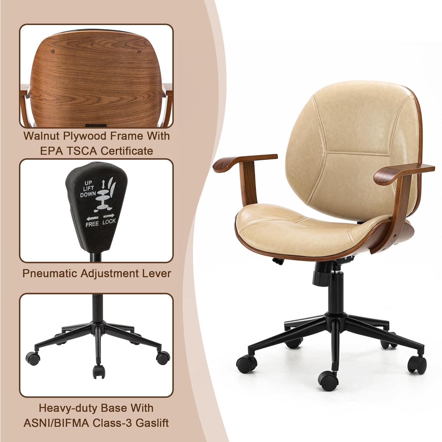 Glitzhome Leather Home Office Chair with Arm, Mid-Back Adjustable Executive Swivel Desk Task Chair,Beige