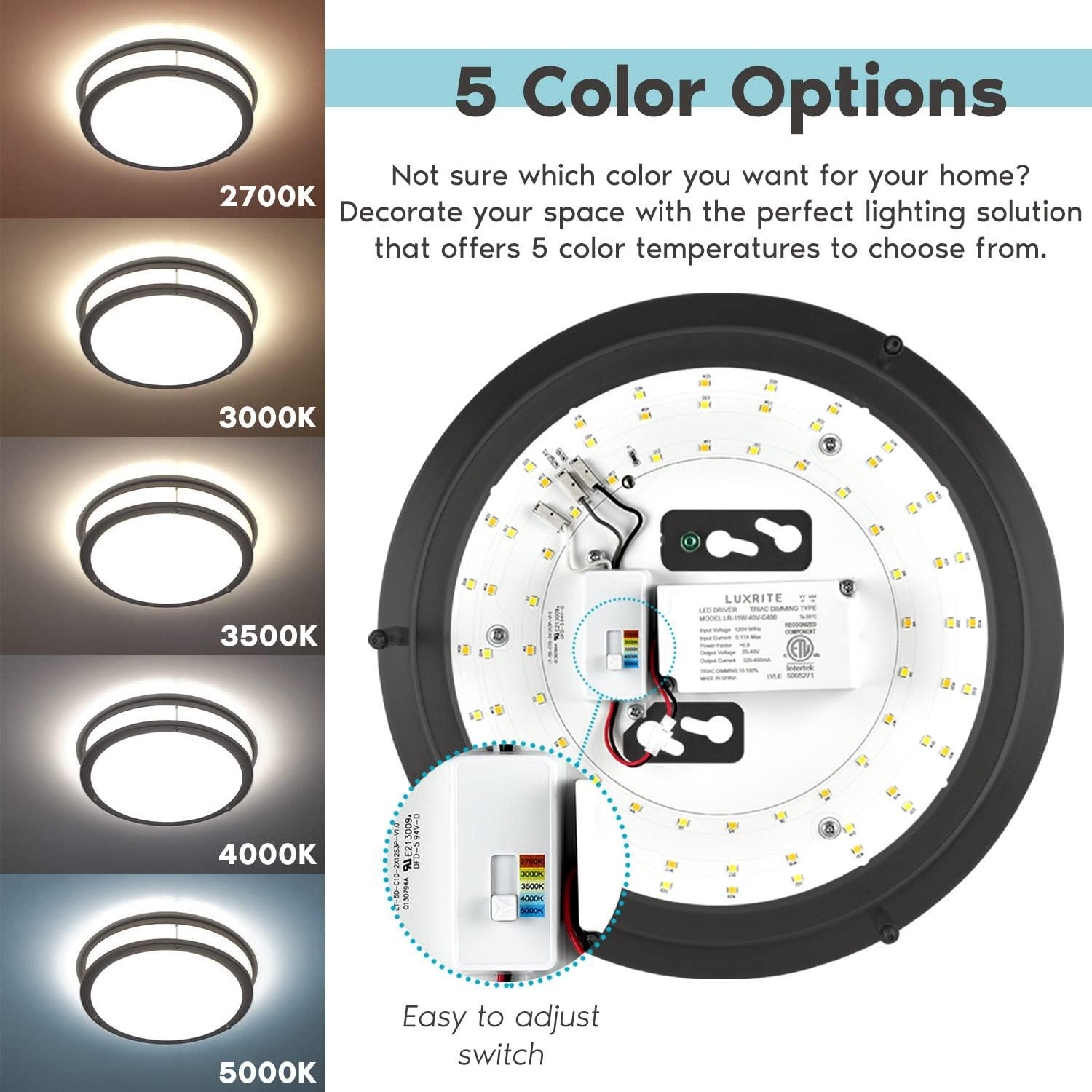 Luxrite 12 inch LED Flush Mount Ceiling Light, 5 Color Selectable 2700K-5000K, Dimmable, 14W, 1120 Lumens, ETL Listed, Matte Black